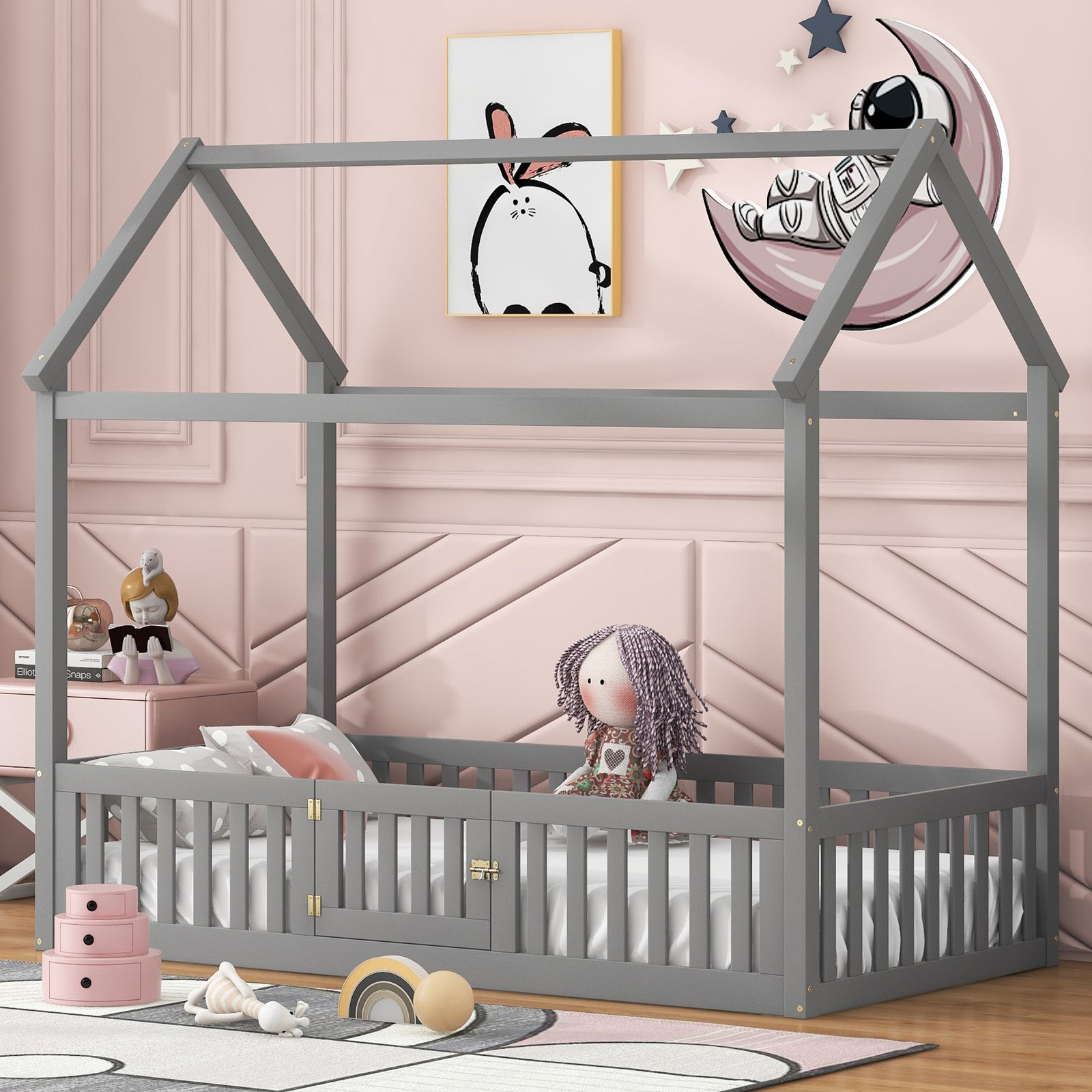 Twin Size Wood House Bed with Fence and Door, Gray(Old SKU: WF303131AAE) photo review