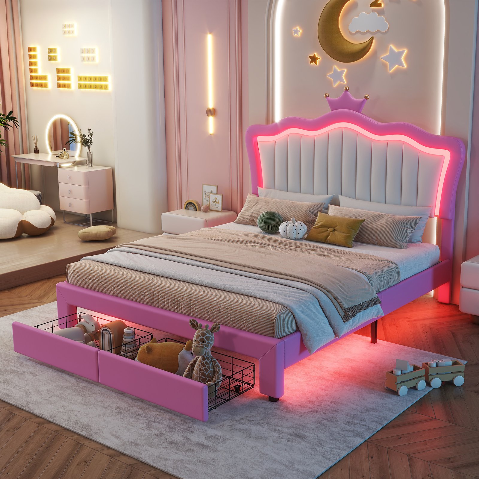 Full Size Upholstered Bed Frame with LED Lights, Modern Upholstered Princess Bed with Crown Headboard, 2 Drawers, Pink+White photo review