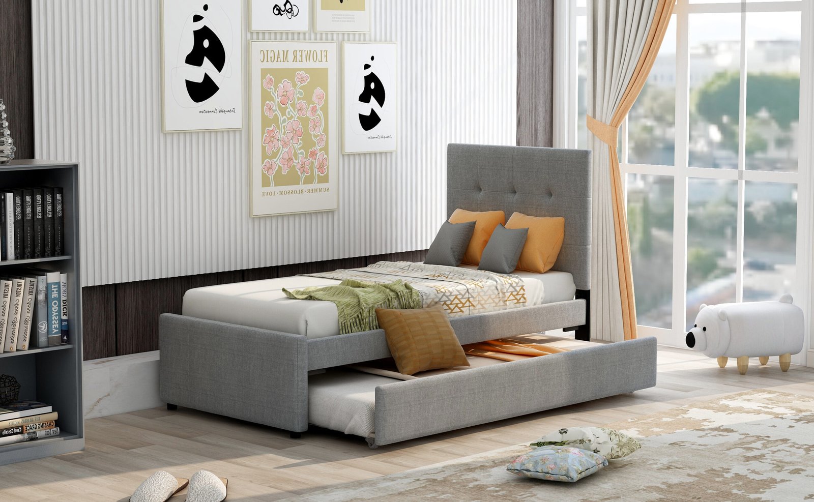 Linen Upholstered Platform Bed With Headboard and Trundle, Twin(Old SKU: SM000504AAE) photo review