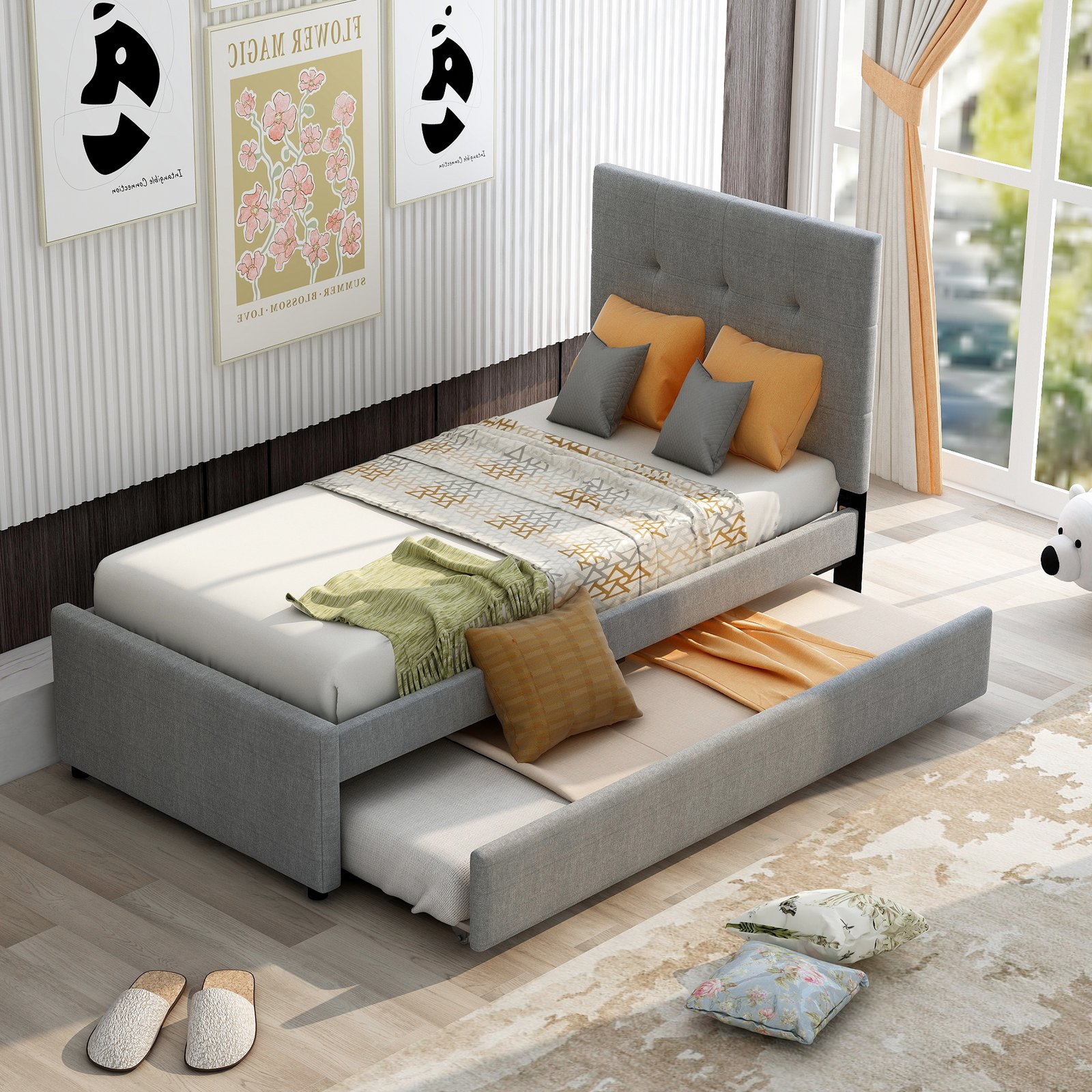 Linen Upholstered Platform Bed With Headboard and Trundle, Twin(Old SKU: SM000504AAE) photo review