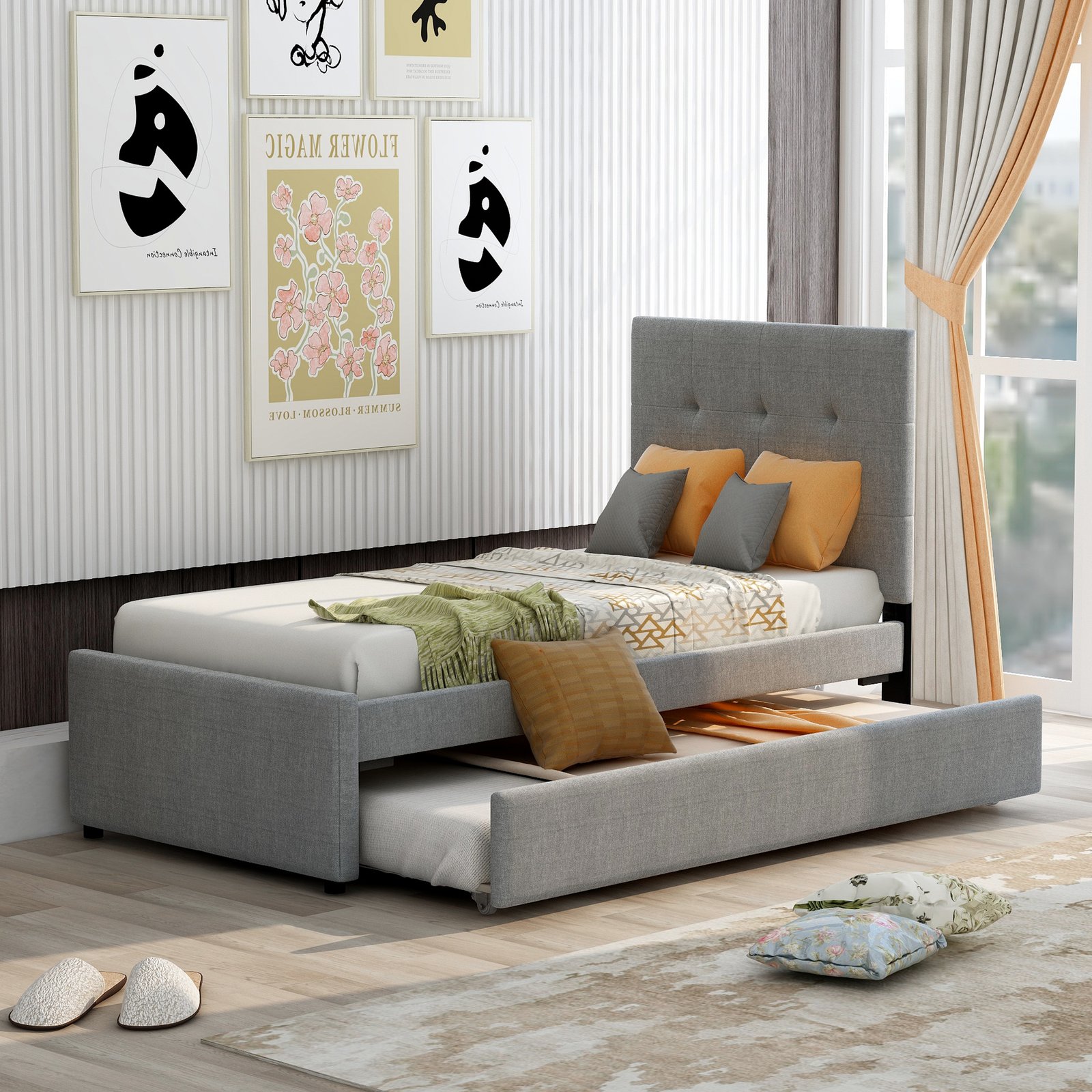 Linen Upholstered Platform Bed With Headboard and Trundle, Twin(Old SKU: SM000504AAE) photo review