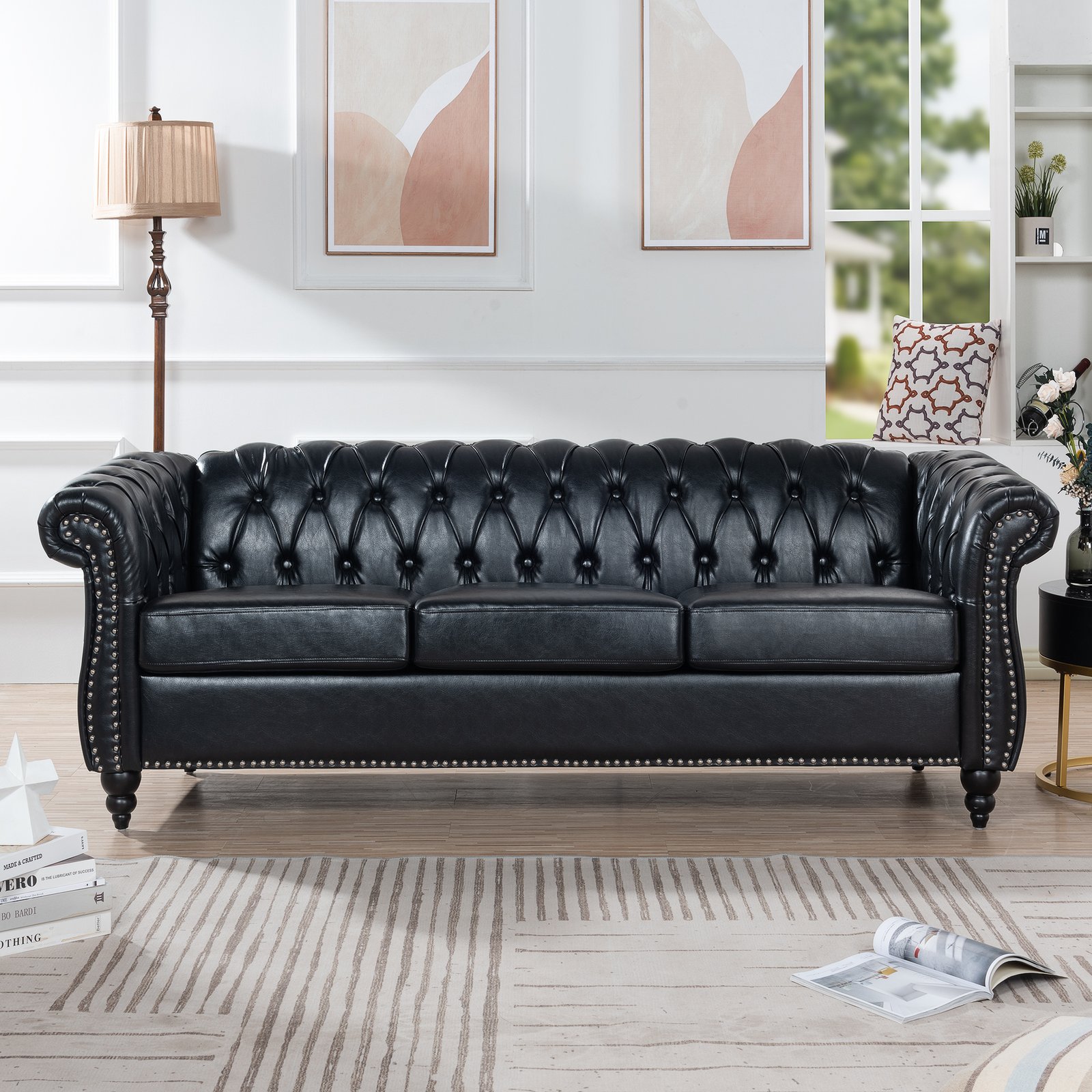 84.65" BLACK PU Rolled Arm Chesterfield Three Seater Sofa. photo review