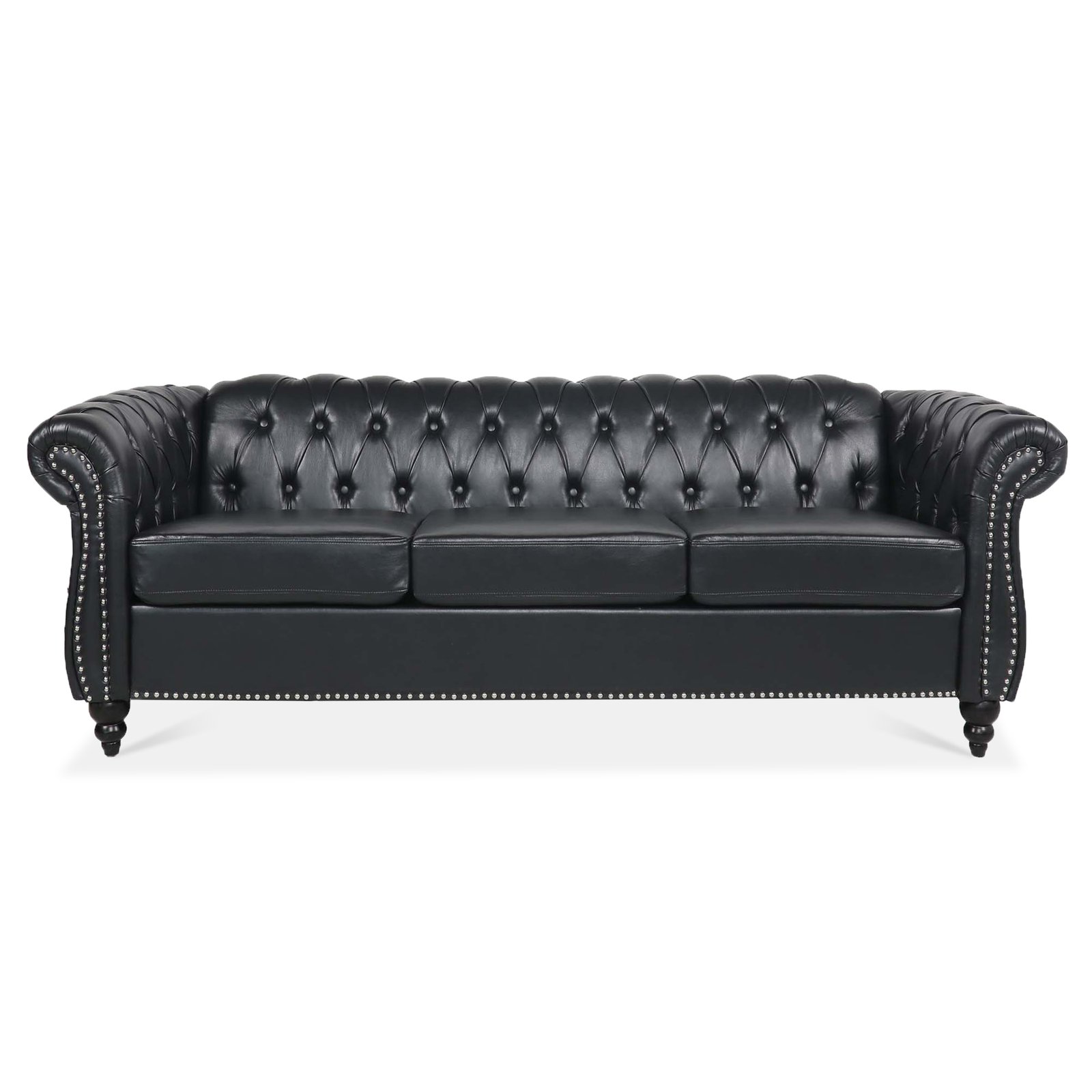 84.65" BLACK PU Rolled Arm Chesterfield Three Seater Sofa. photo review