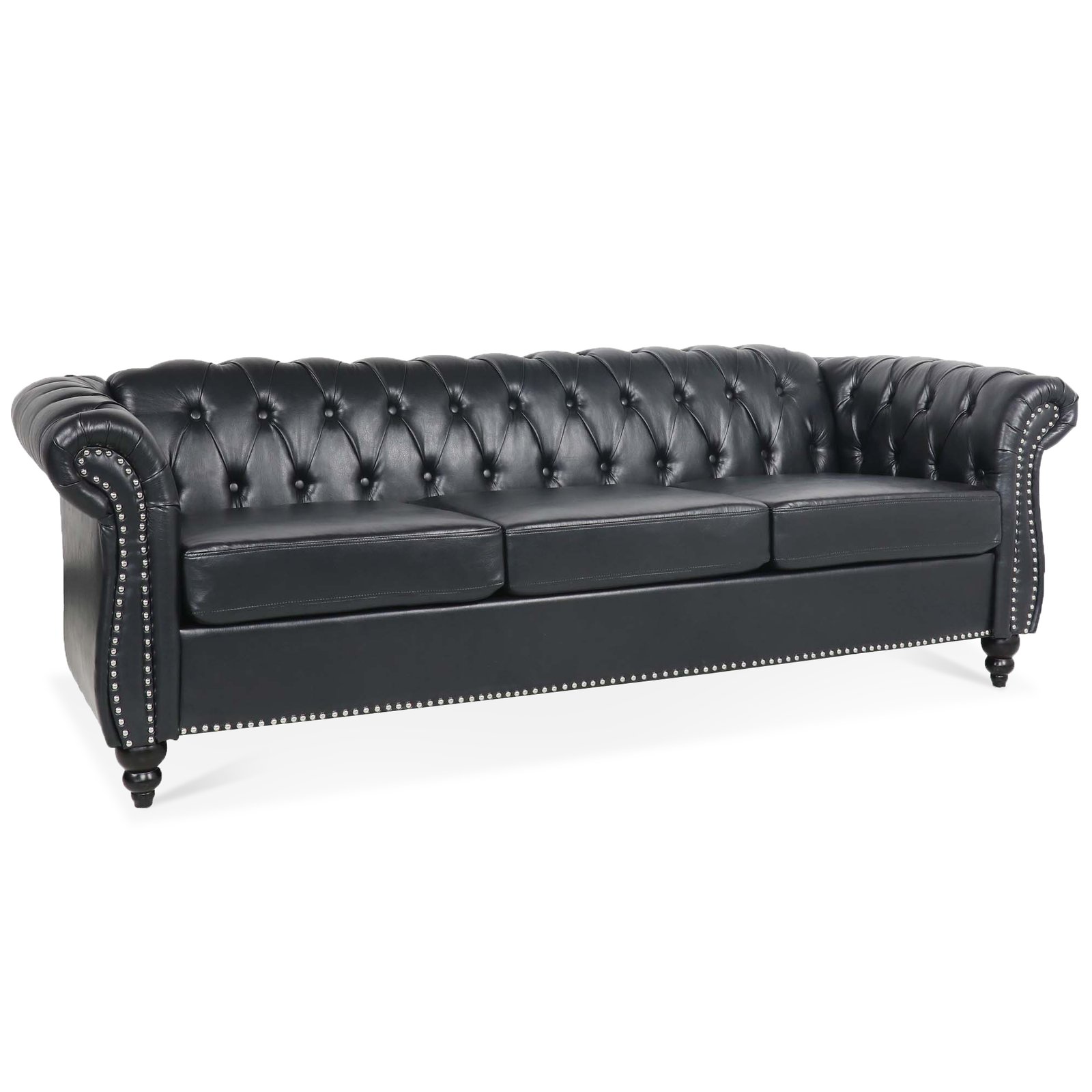 84.65" BLACK PU Rolled Arm Chesterfield Three Seater Sofa. photo review