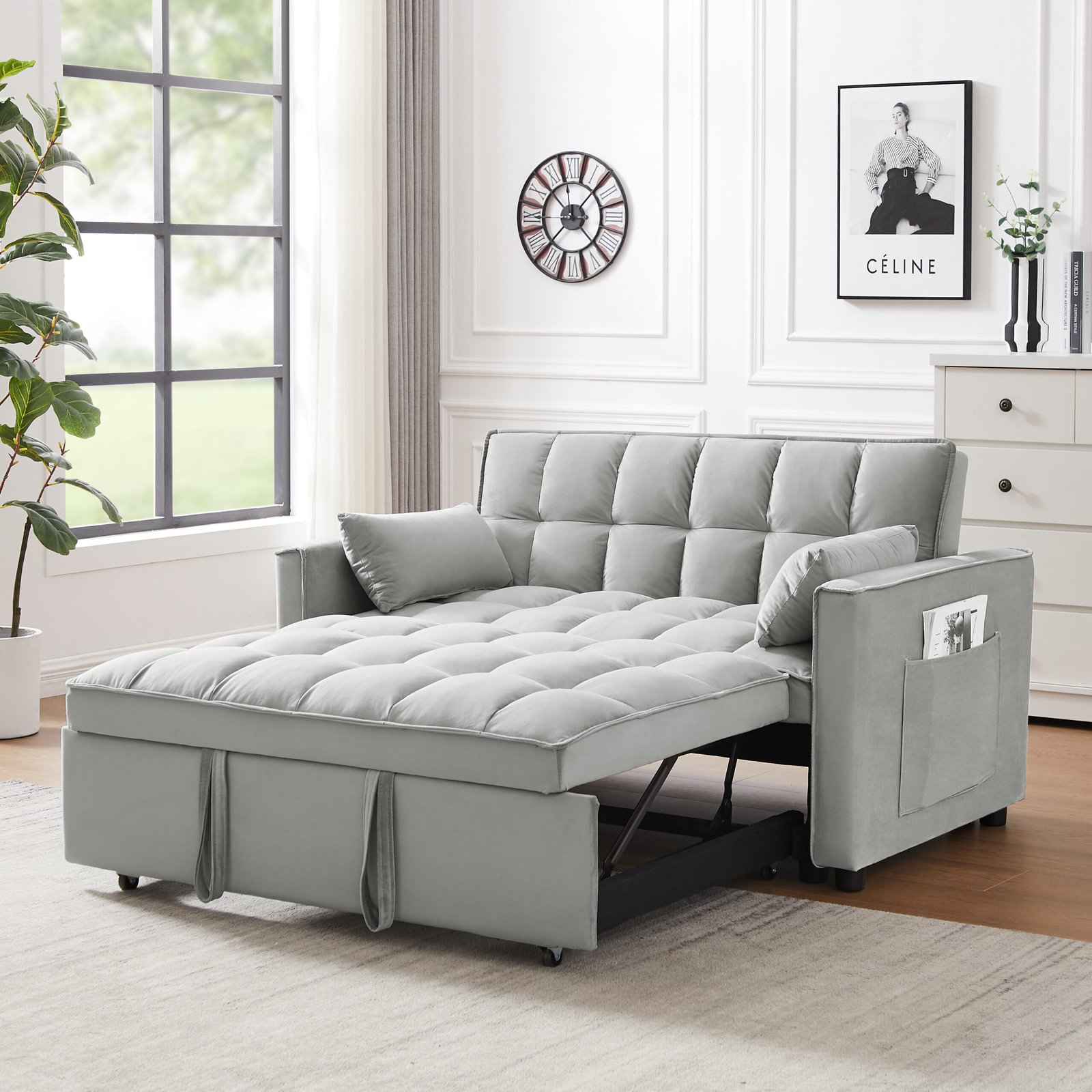 Modern Velvet Loveseat Futon Sofa Couch w/Pullout Bed,Small Love Seat Lounge Sofa w/Reclining Backrest,Toss Pillows, Pockets,Furniture for Living Room,3 in 1 Convertible Sleeper Sofa Bed, Gray photo review