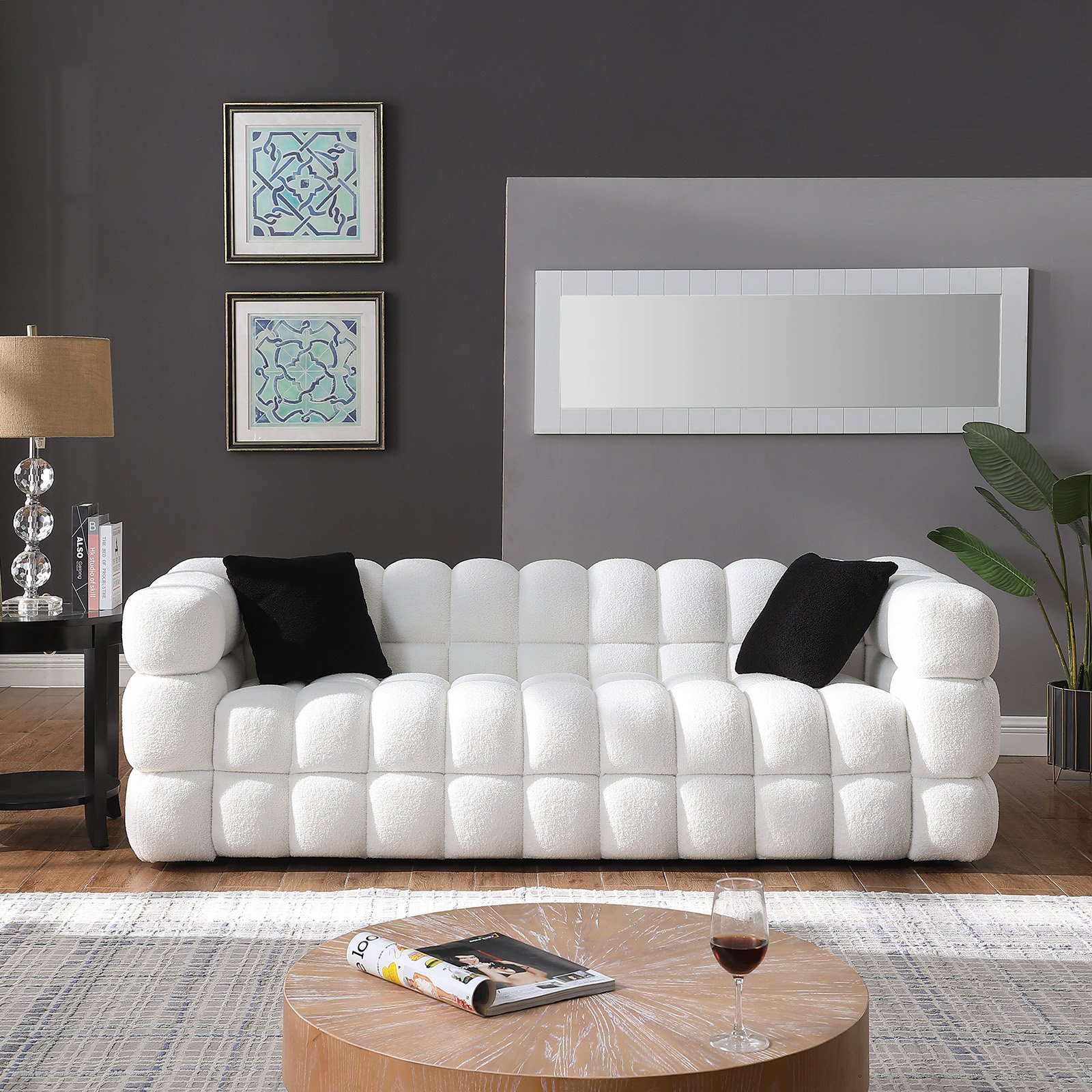 84.3 length ,35.83" deepth ,human body structure for USA people,  marshmallow sofa,boucle sofa ,White color,3 seater photo review