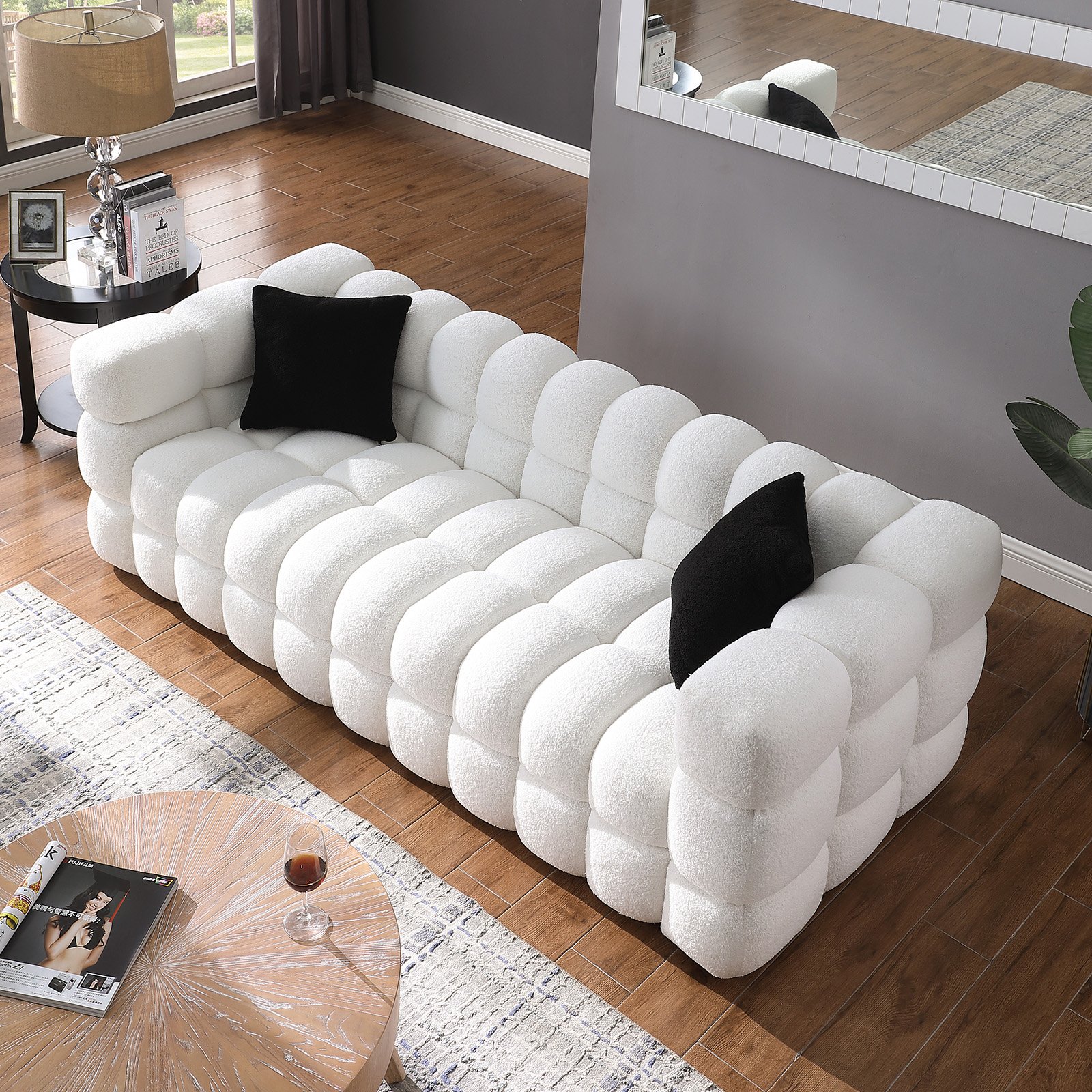 84.3 length ,35.83" deepth ,human body structure for USA people,  marshmallow sofa,boucle sofa ,White color,3 seater photo review