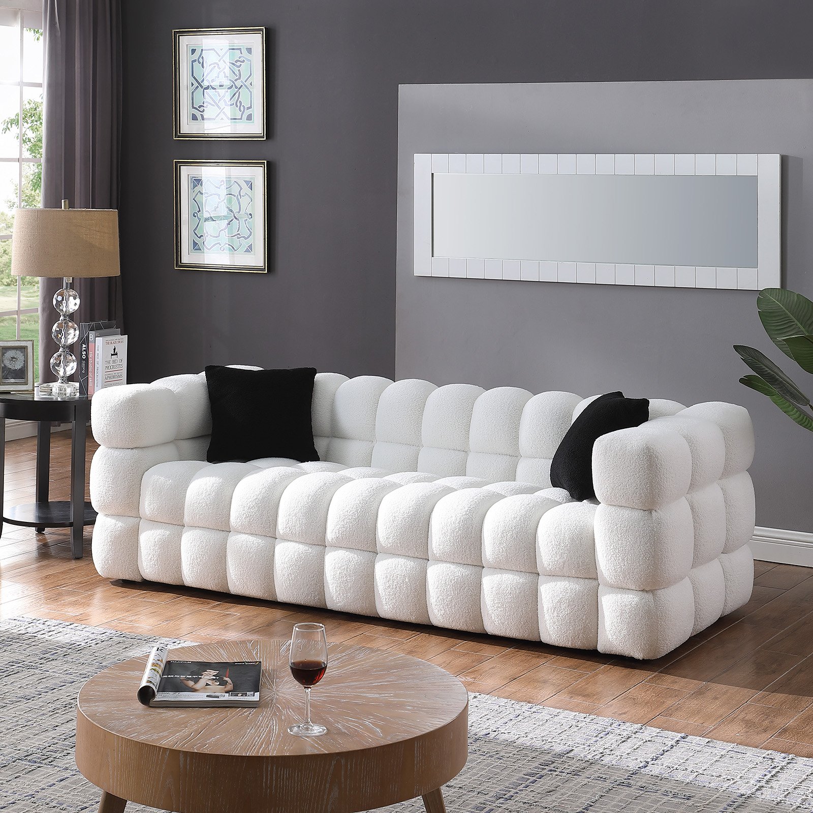 84.3 length ,35.83" deepth ,human body structure for USA people,  marshmallow sofa,boucle sofa ,White color,3 seater photo review
