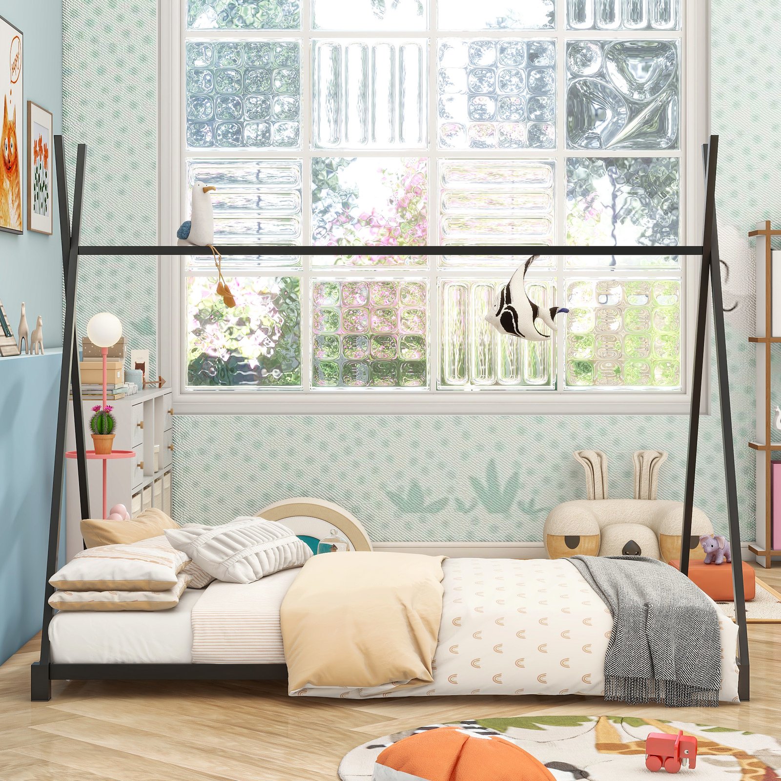 Metal Twin Size House Platform Bed with Triangle Structure, Black photo review