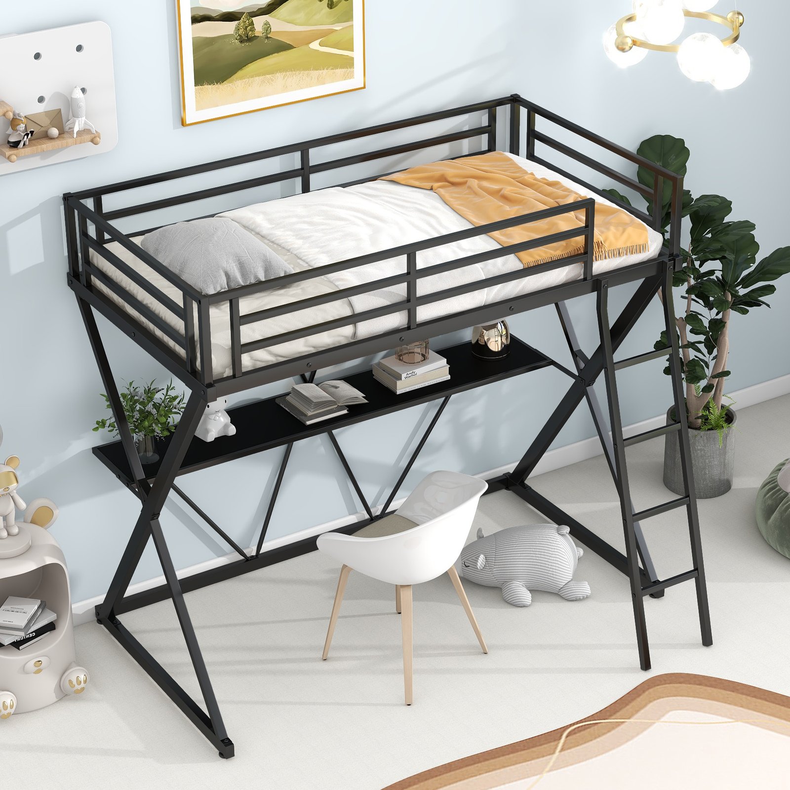 Twin Size Loft Bed with Desk, Ladder and Full-Length Guardrails, X-Shaped Frame, Black(Old SKU: MF297073AAB) photo review