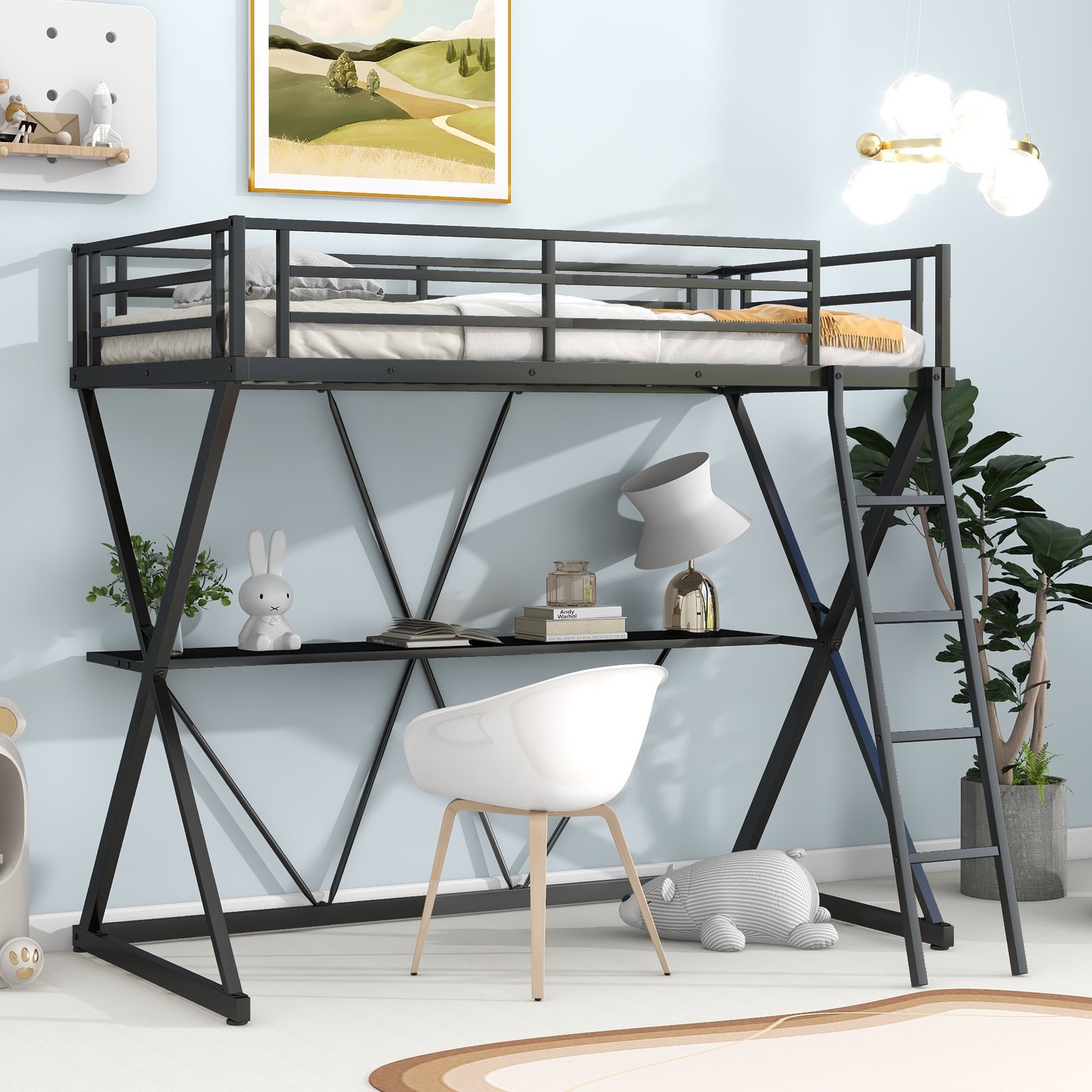 Twin Size Loft Bed with Desk, Ladder and Full-Length Guardrails, X-Shaped Frame, Black(Old SKU: MF297073AAB) photo review