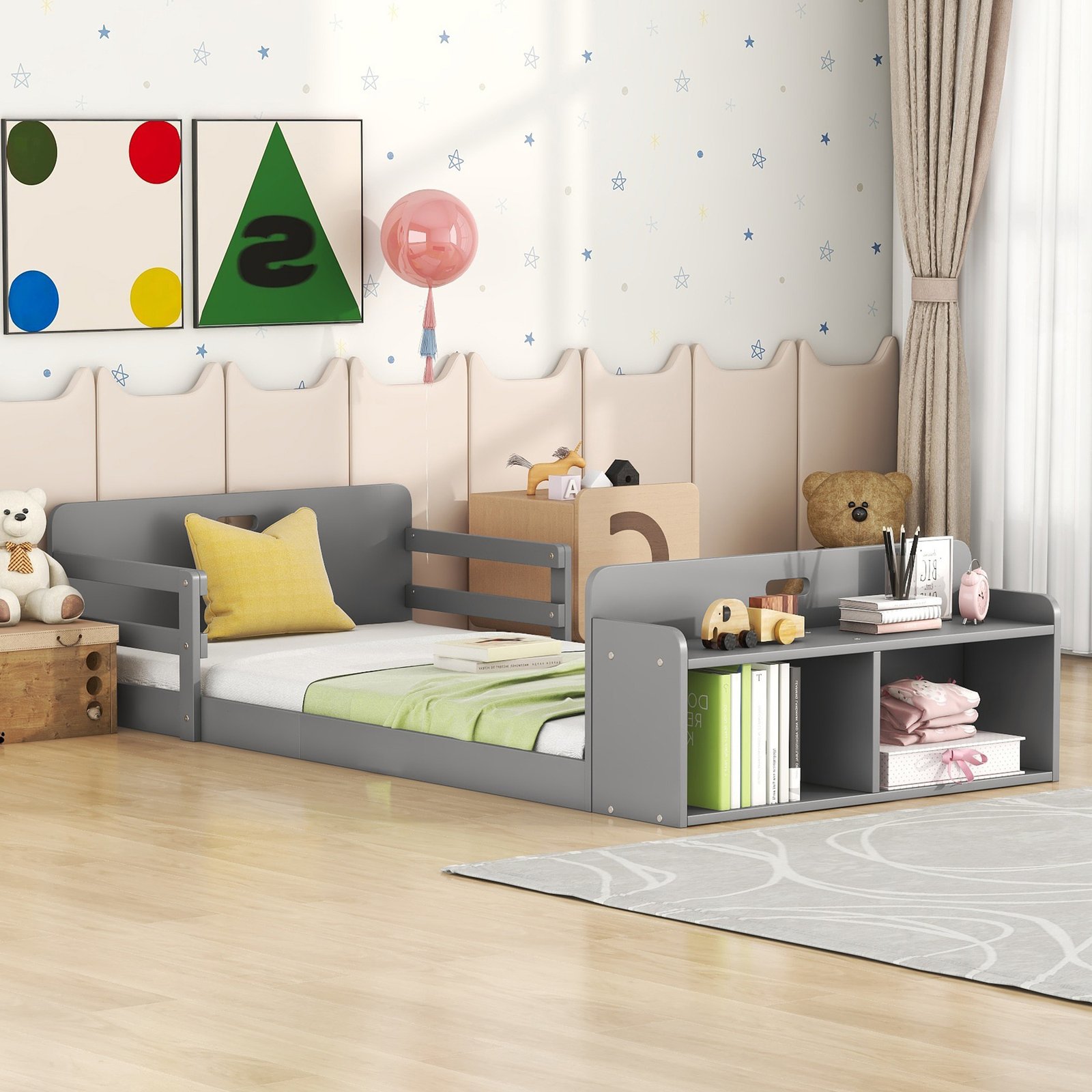 Twin Size Floor Bed with Storage Footboard and Guardrail, Grey photo review