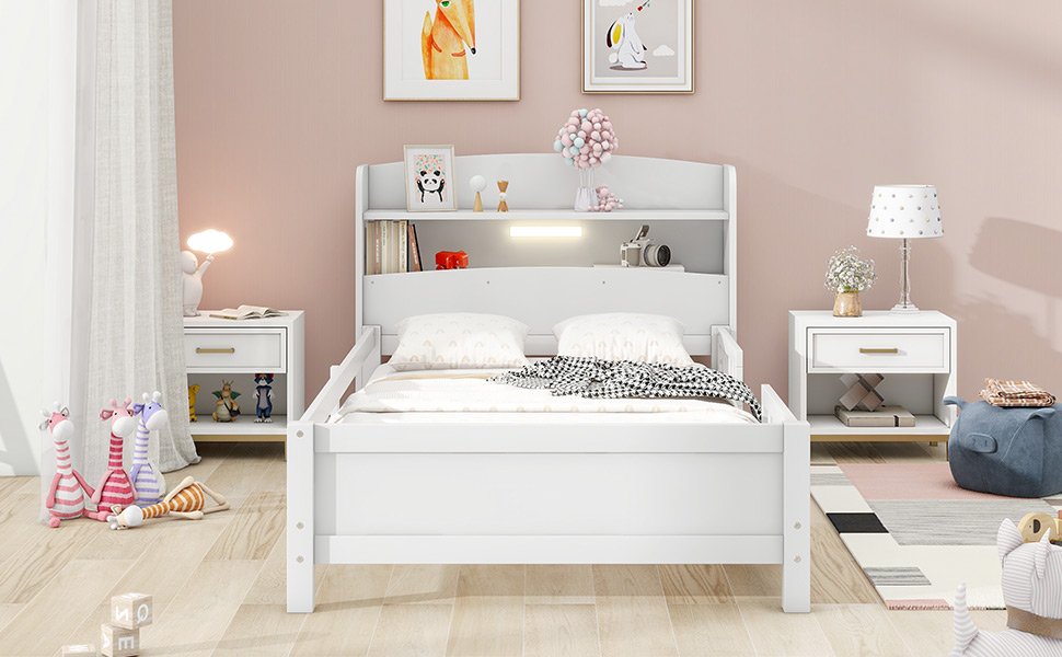 Wood Twin Size Platform Bed with Built-in LED Light, Storage Headboard and Guardrail, White photo review