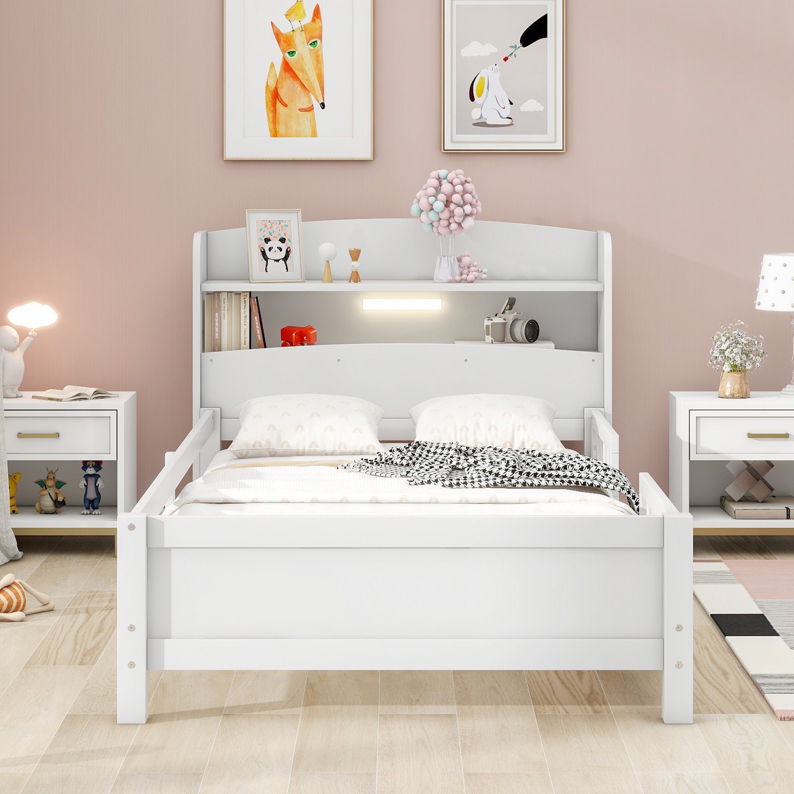 Wood Twin Size Platform Bed with Built-in LED Light, Storage Headboard and Guardrail, White photo review