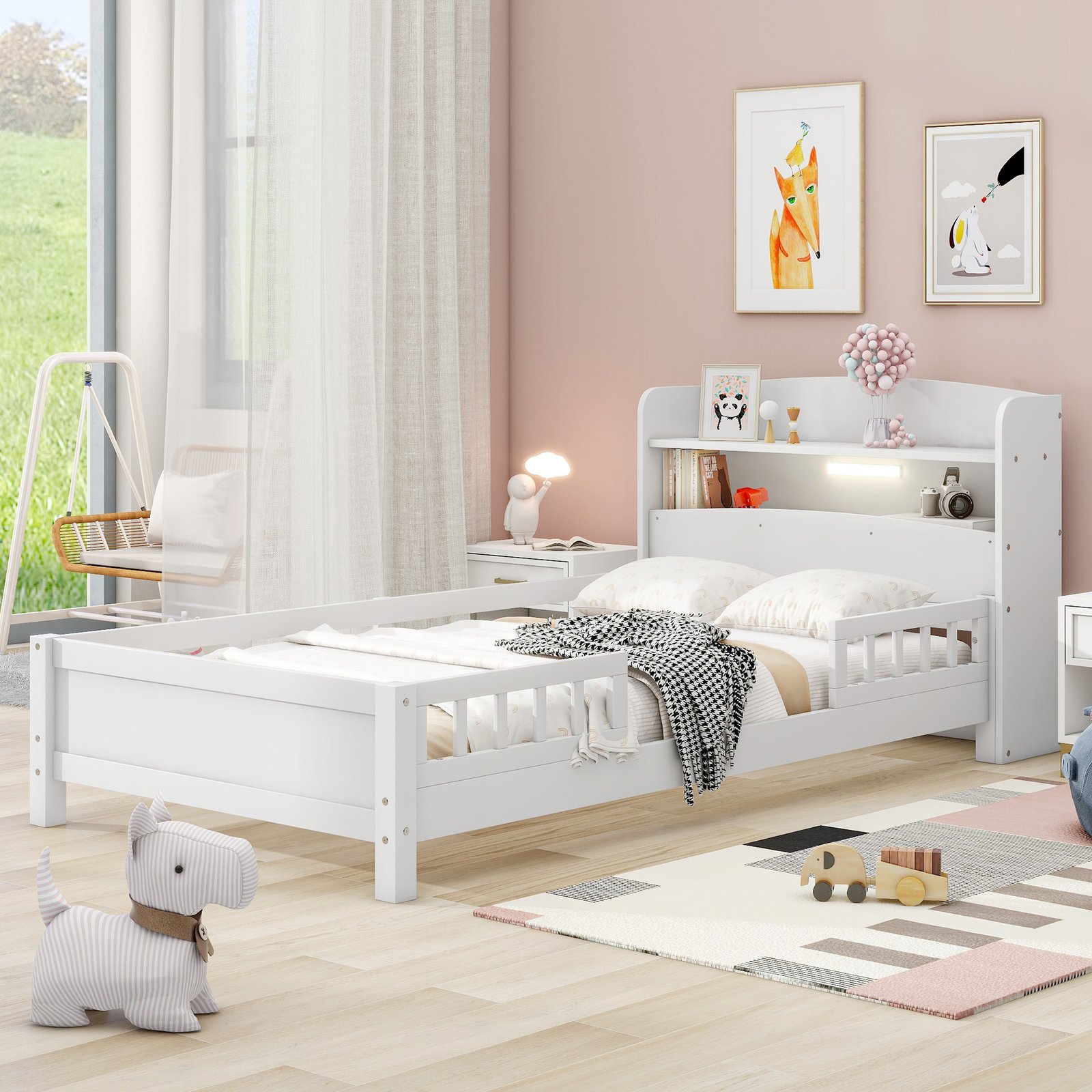 Wood Twin Size Platform Bed with Built-in LED Light, Storage Headboard and Guardrail, White photo review