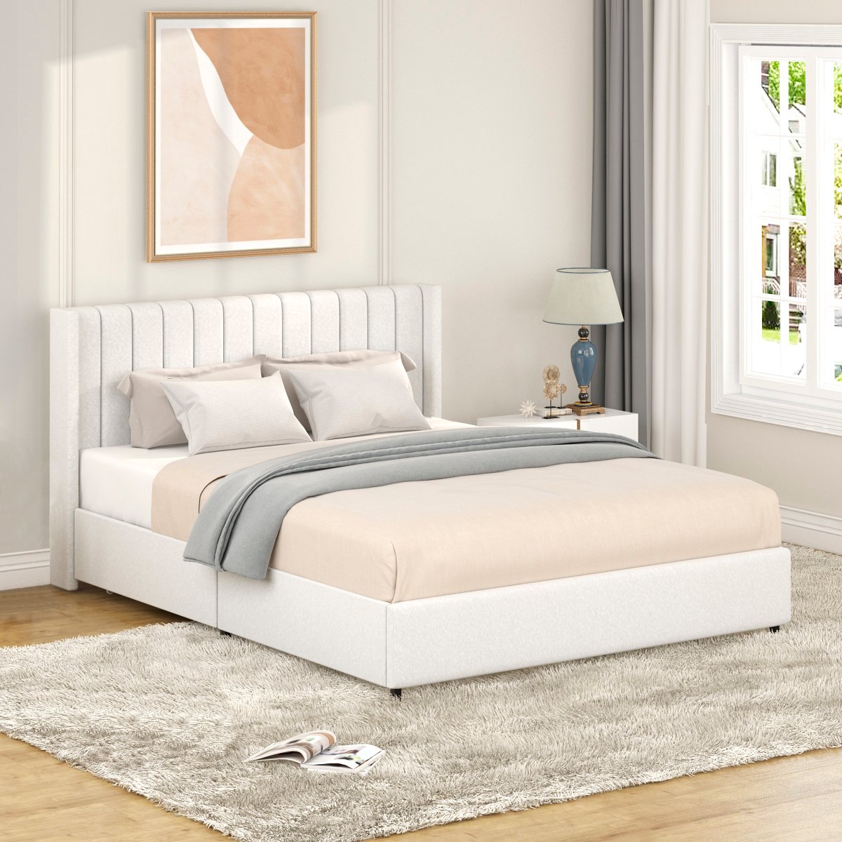 Anda Patented 2-Drawers Storage Bed Queen Size Ivory Boucle Upholstered Platform Bed, Tufted Headboard, Wooden Slat Mattress Support, No Box Spring Needed photo review