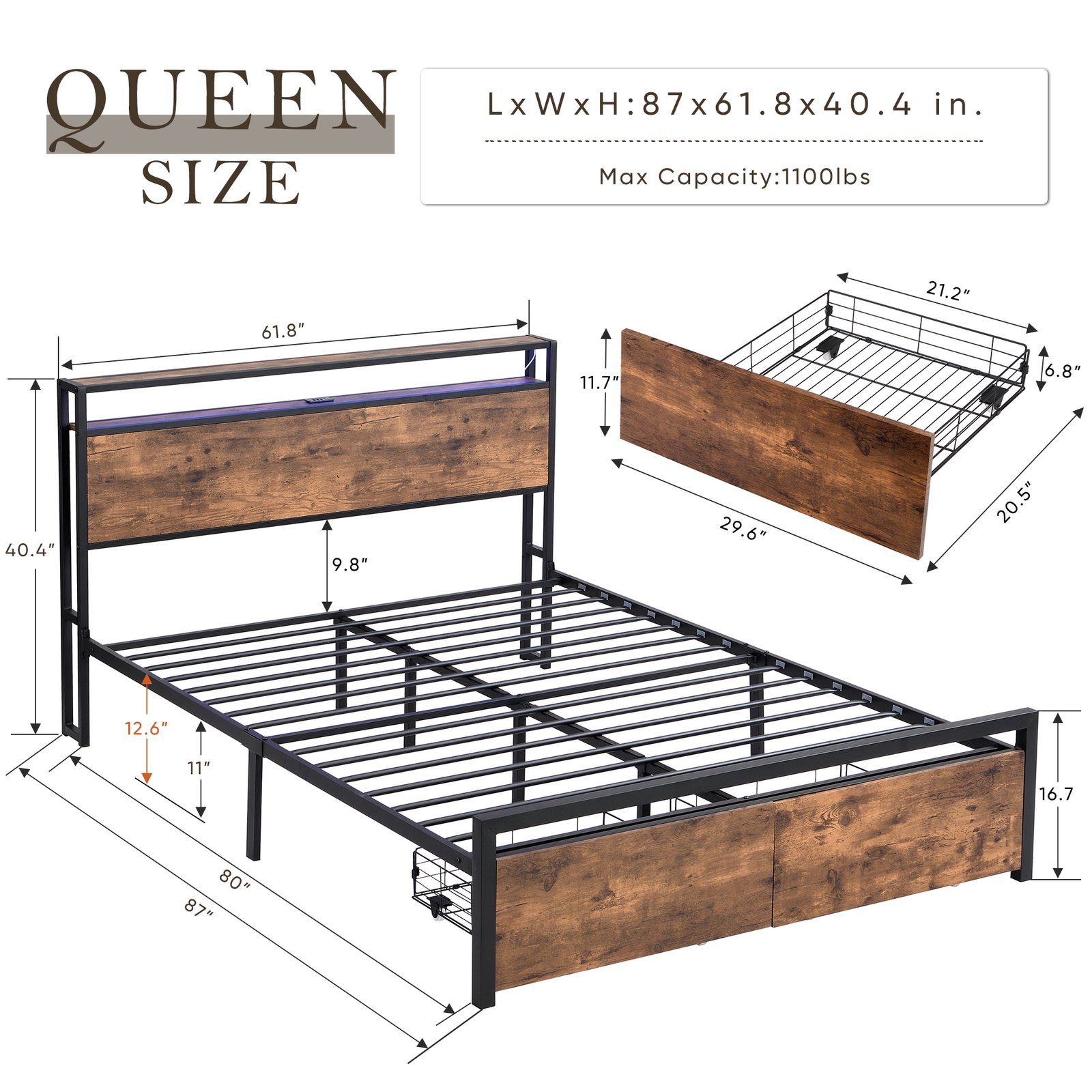 Queen Size Bed Frame with Storage Headboard and 2 Drawers, LED Lights Bed with Charging Station, Metal Platform Bed No Noise, Mattress Foundation Strong Metal Slats Support No Box Spring Needed photo review
