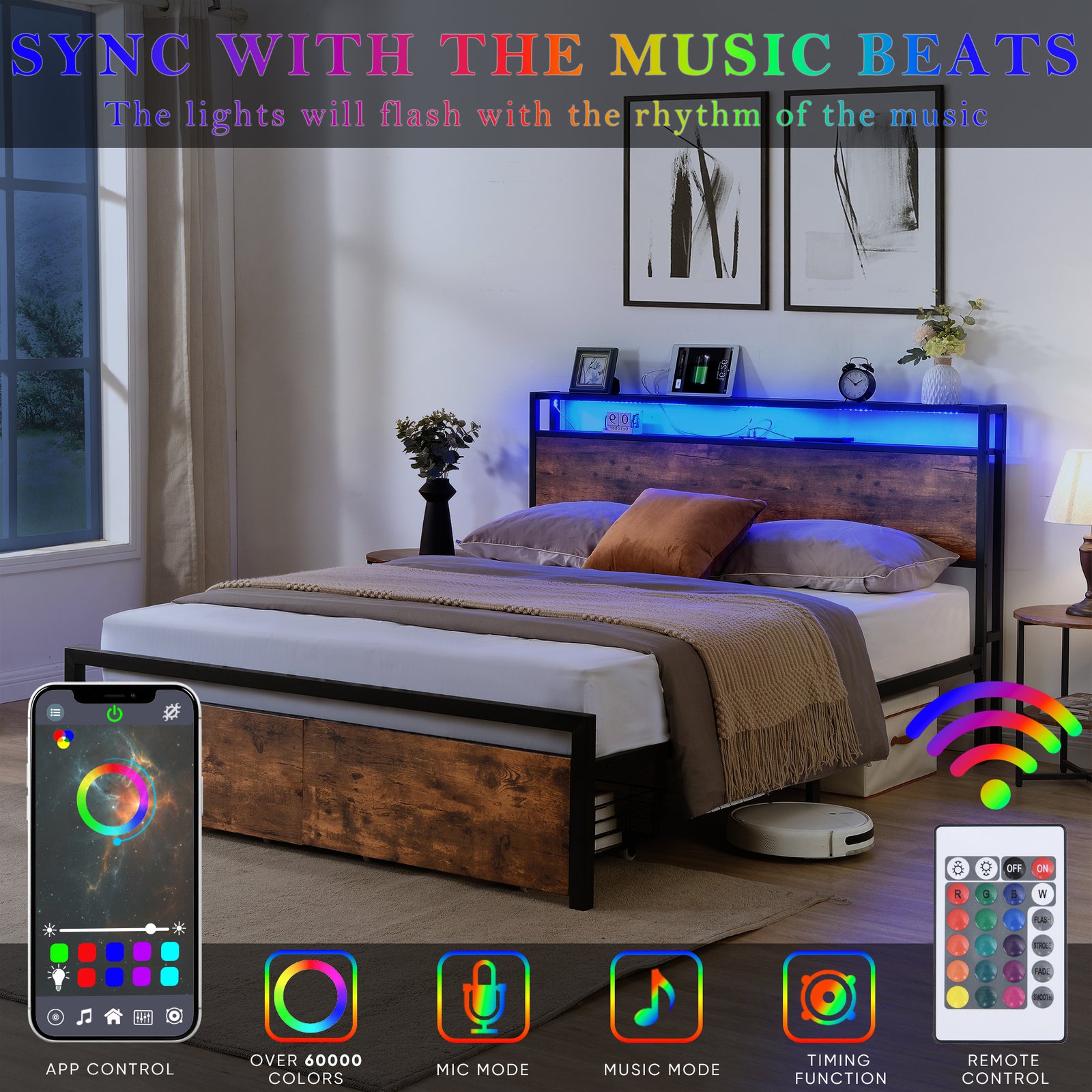 Queen Size Bed Frame with Storage Headboard and 2 Drawers, LED Lights Bed with Charging Station, Metal Platform Bed No Noise, Mattress Foundation Strong Metal Slats Support No Box Spring Needed photo review
