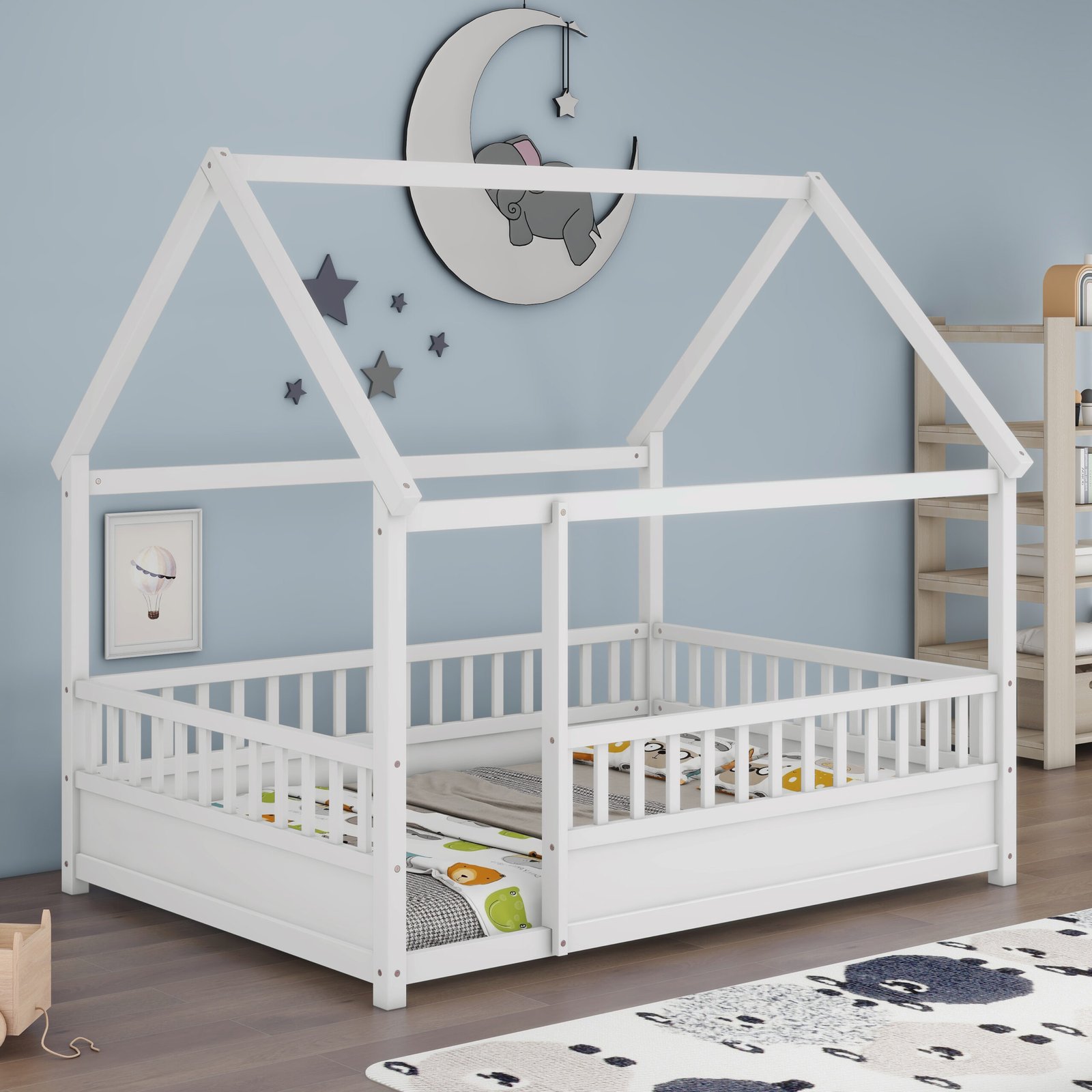 Full Size Floor Wooden Bed with House Roof Frame, Fence Guardrails,White photo review