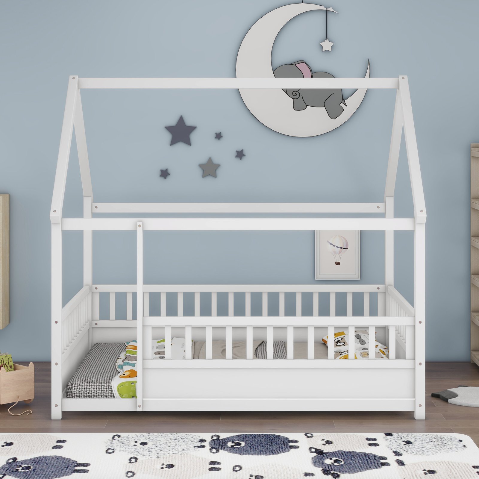 Full Size Floor Wooden Bed with House Roof Frame, Fence Guardrails,White photo review