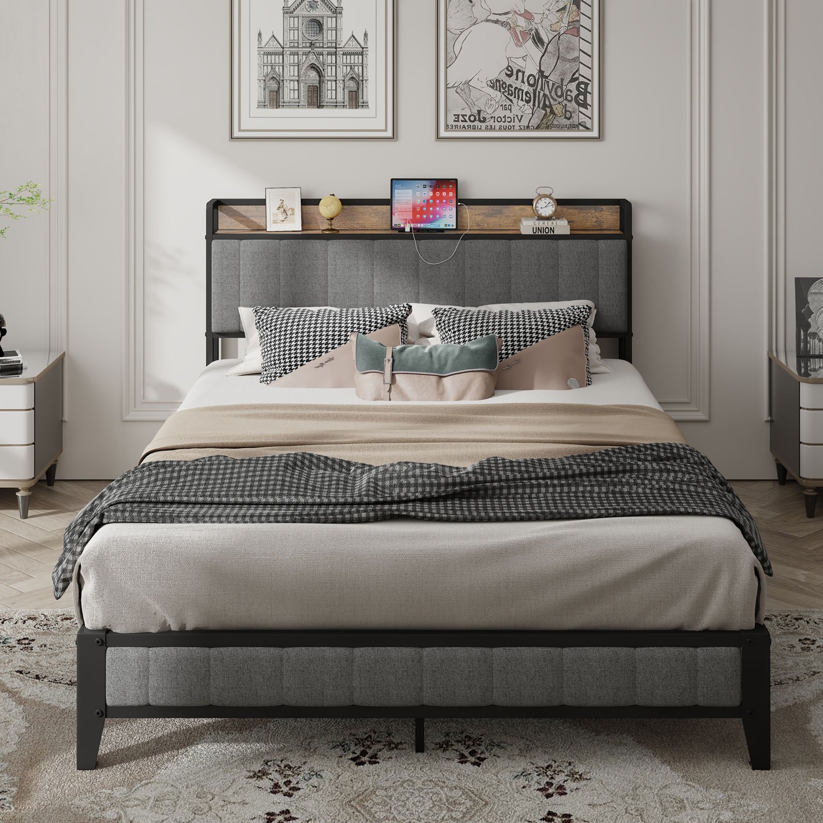 Queen Size Bed Frame with Charging Station, Upholstered Headboard, Metal Platform, Grey photo review