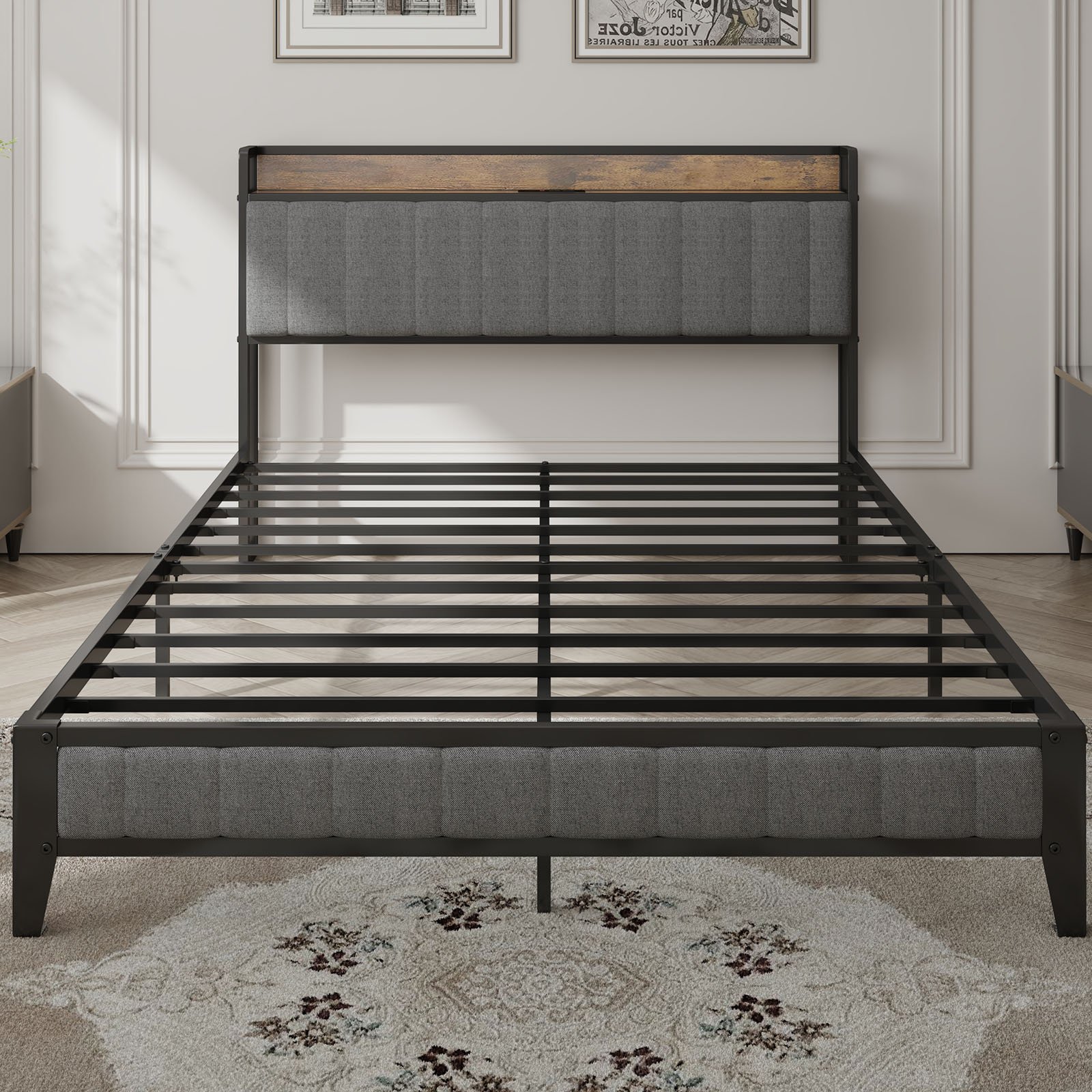 Queen Size Bed Frame with Charging Station, Upholstered Headboard, Metal Platform, Grey photo review
