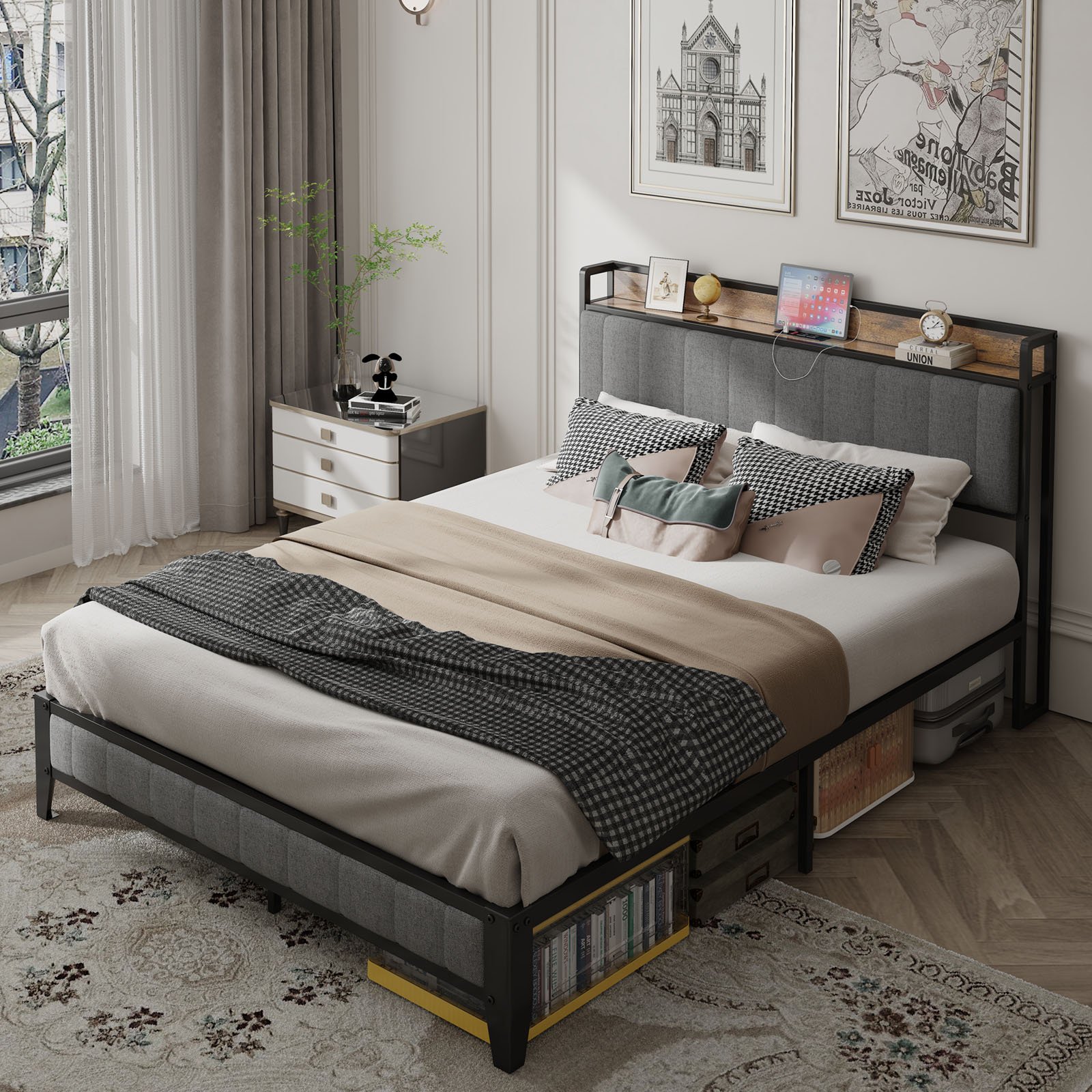 Queen Size Bed Frame with Charging Station, Upholstered Headboard, Metal Platform, Grey photo review