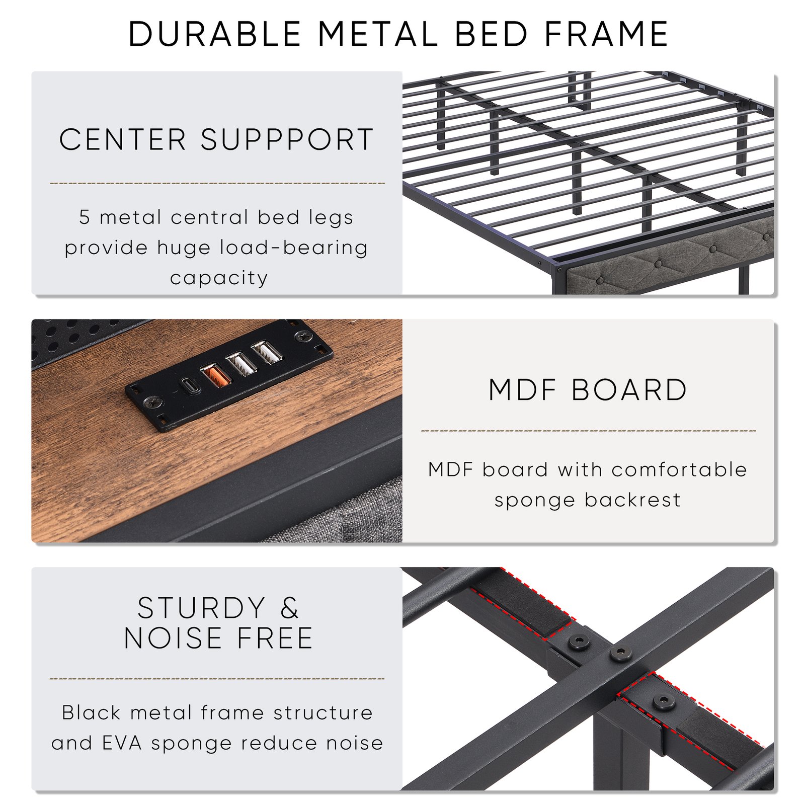Full Bed Frame with  Storage Headboard, Charging Station and LED Lights, Upholstered Platform Bed with Heavy Metal Slats, No Box Spring Needed, Noise Free, Easy Assembly, Dark Gray photo review