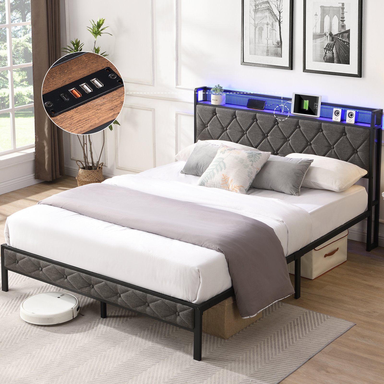 Full Bed Frame with  Storage Headboard, Charging Station and LED Lights, Upholstered Platform Bed with Heavy Metal Slats, No Box Spring Needed, Noise Free, Easy Assembly, Dark Gray photo review