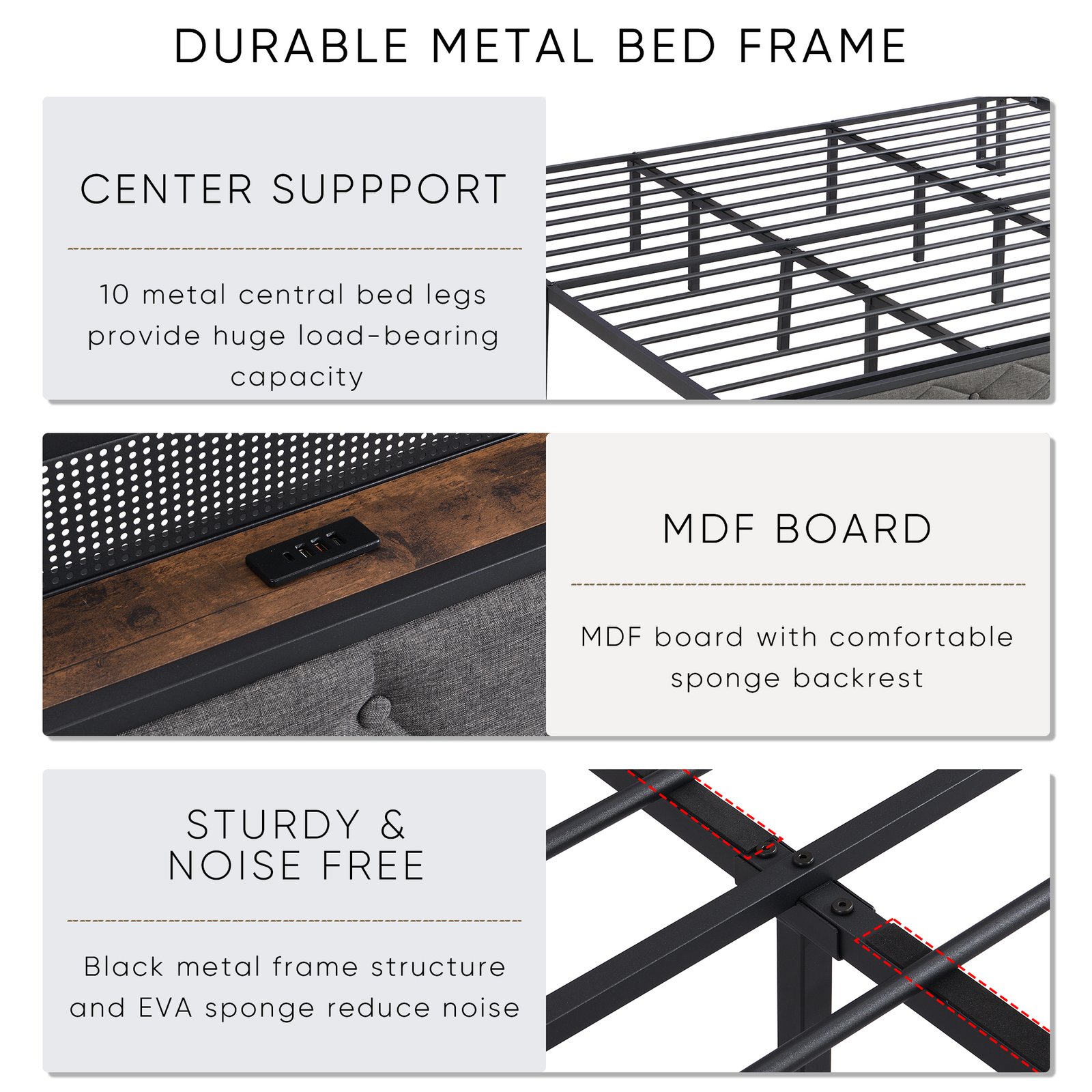 King Bed Frame with Storage Headboard, Charging Station and LED Lights, Upholstered Platform Bed with Heavy Metal Slats, No Box Spring Needed, Noise Free, Easy Assembly, Dark Gray photo review