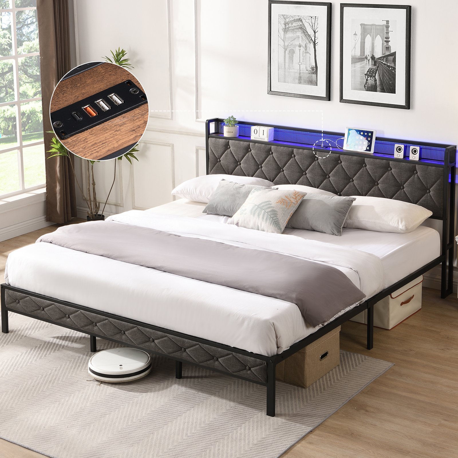 King Bed Frame with Storage Headboard, Charging Station and LED Lights, Upholstered Platform Bed with Heavy Metal Slats, No Box Spring Needed, Noise Free, Easy Assembly, Dark Gray photo review