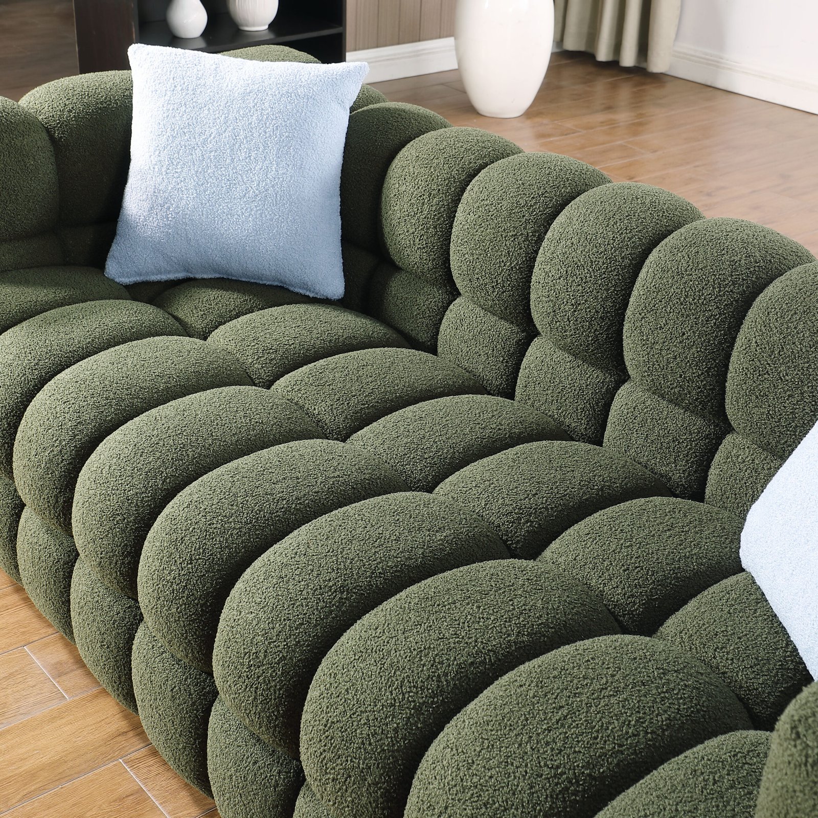 84.3 length ,35.83" deepth ,human body structure for USA people,  marshmallow sofa,boucle sofa ,3 seater, OLIVE GREEN BOUCLE photo review