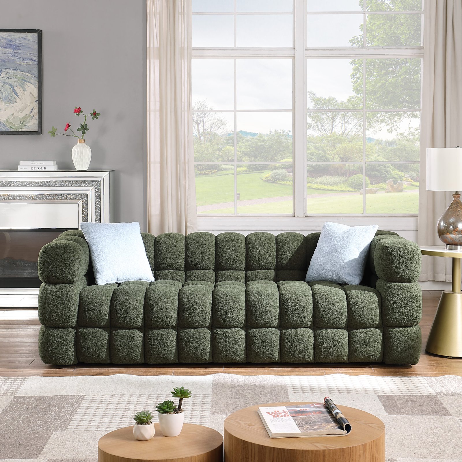 84.3 length ,35.83" deepth ,human body structure for USA people,  marshmallow sofa,boucle sofa ,3 seater, OLIVE GREEN BOUCLE photo review