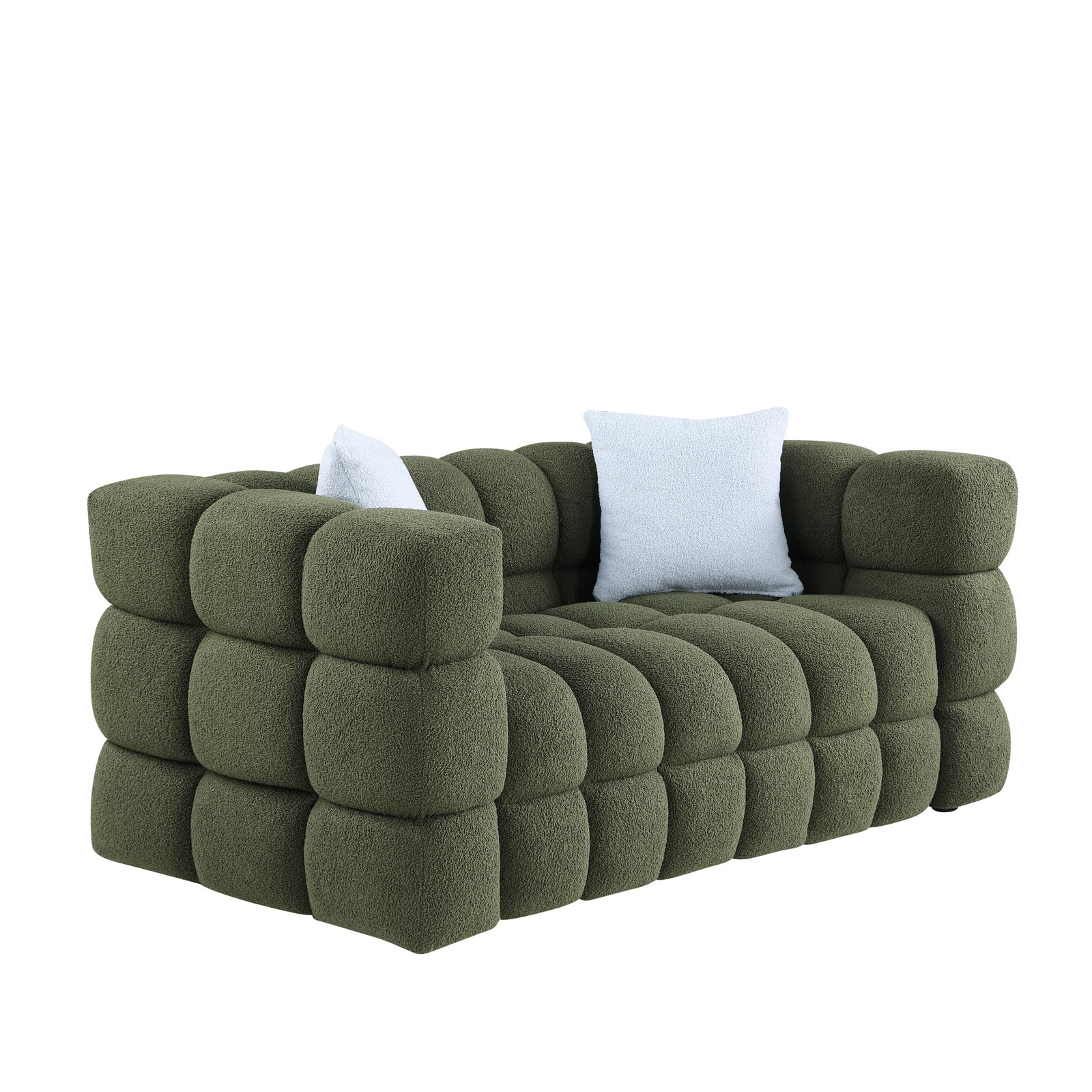 62.2length ,35.83" deepth ,human body structure for USA people,  marshmallow sofa,boucle sofa ,OLIVE GREEN 2S BOUCLE photo review