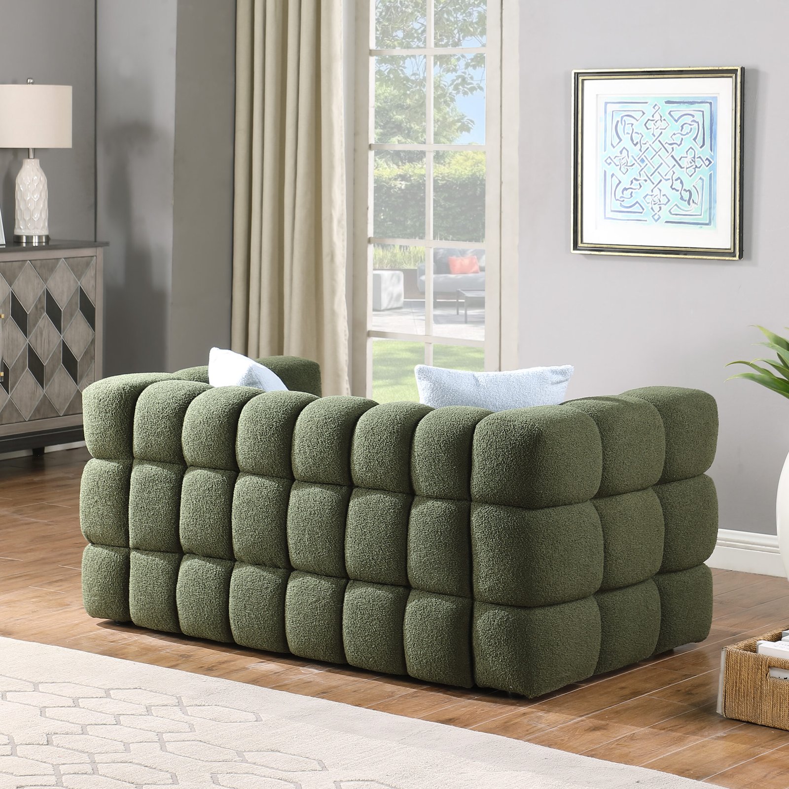 62.2length ,35.83" deepth ,human body structure for USA people,  marshmallow sofa,boucle sofa ,OLIVE GREEN 2S BOUCLE photo review