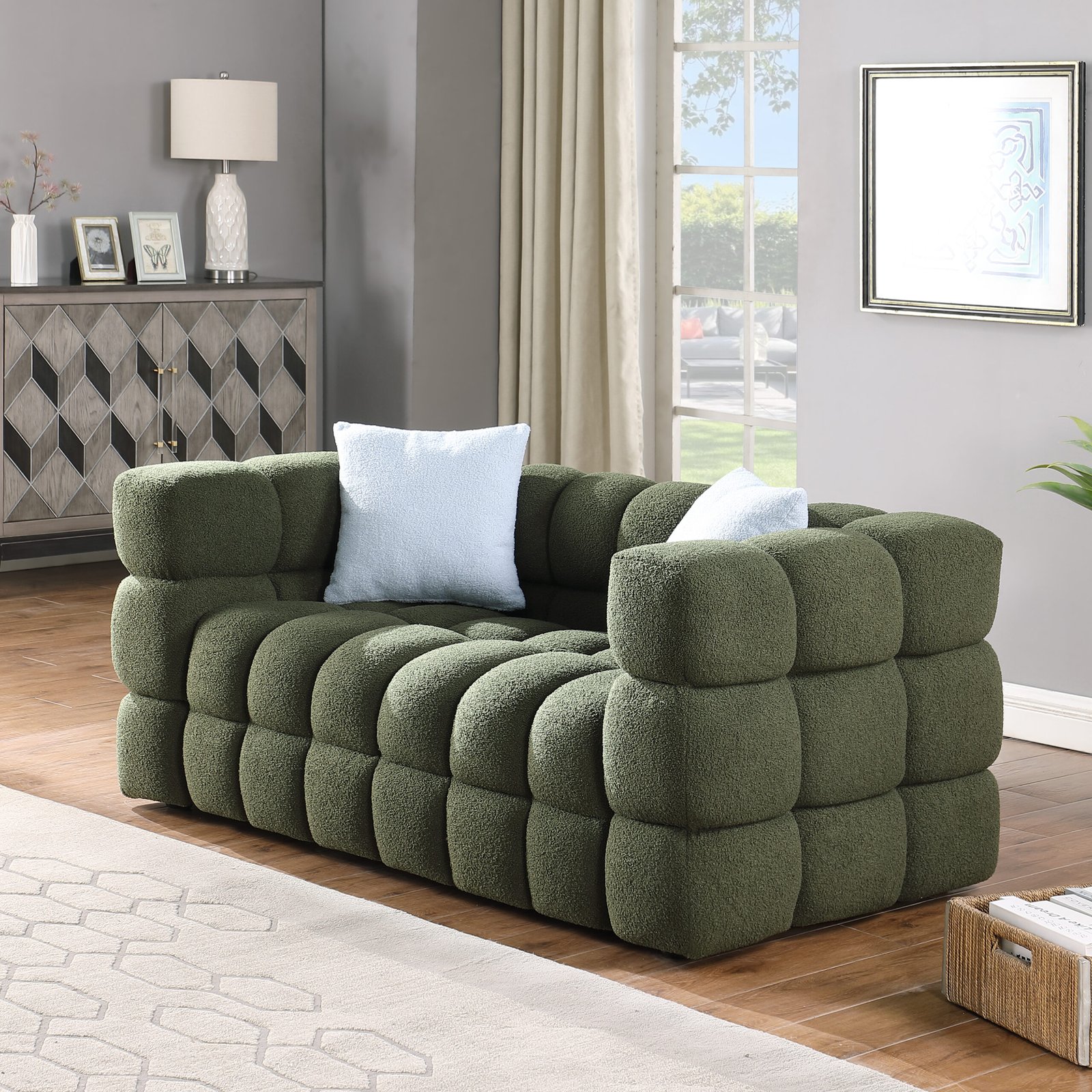 62.2length ,35.83" deepth ,human body structure for USA people,  marshmallow sofa,boucle sofa ,OLIVE GREEN 2S BOUCLE photo review