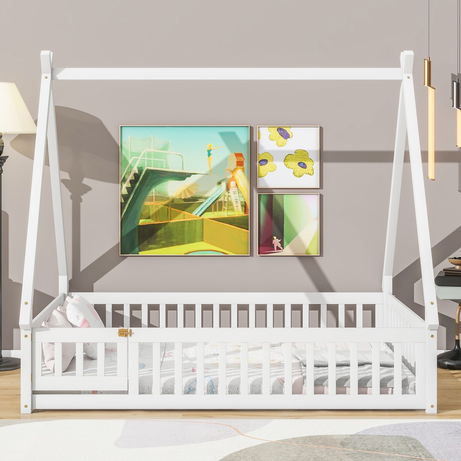 Full Tent-shaped Floor Bed, with Guardrails, Slats, Door ,White photo review