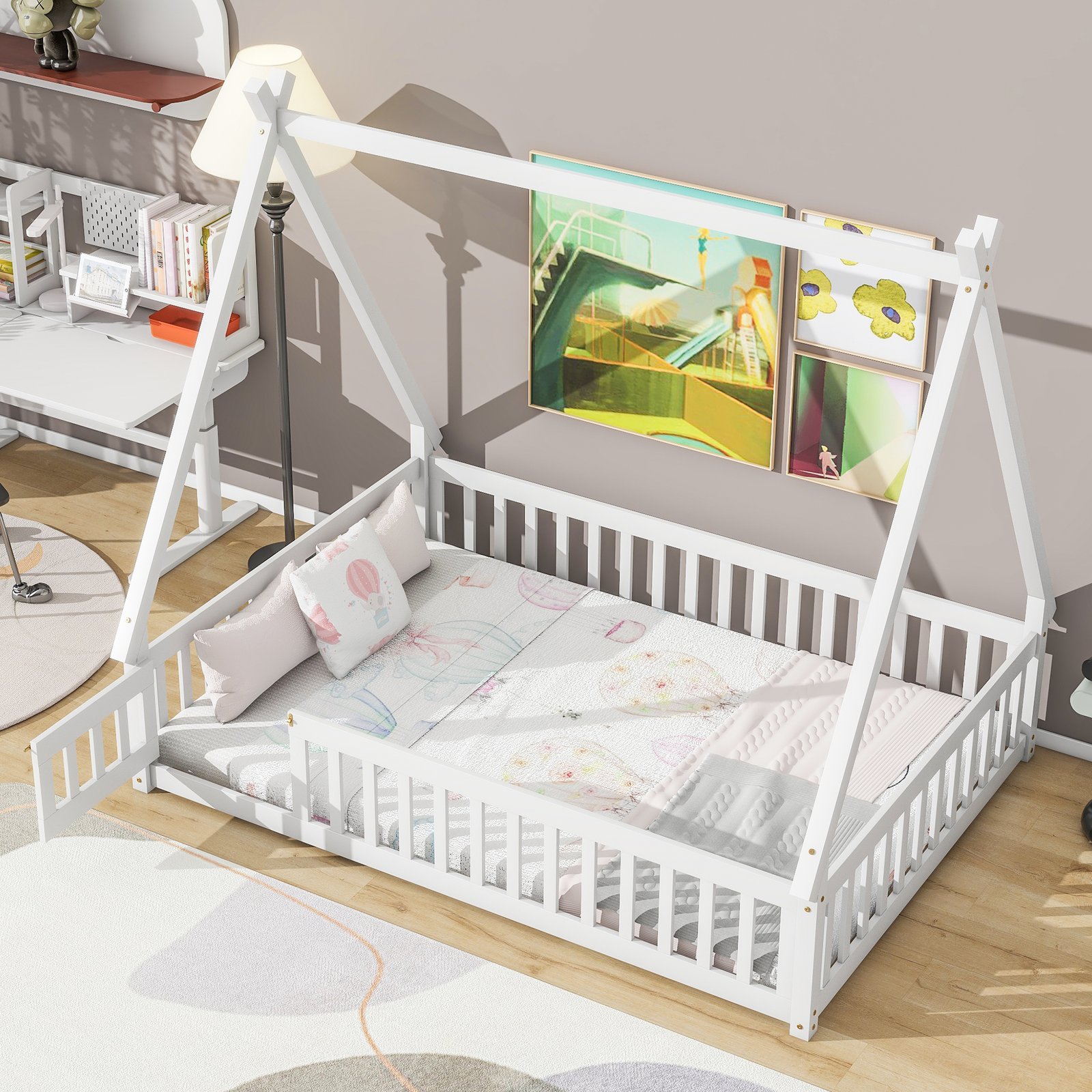 Full Tent-shaped Floor Bed, with Guardrails, Slats, Door ,White photo review