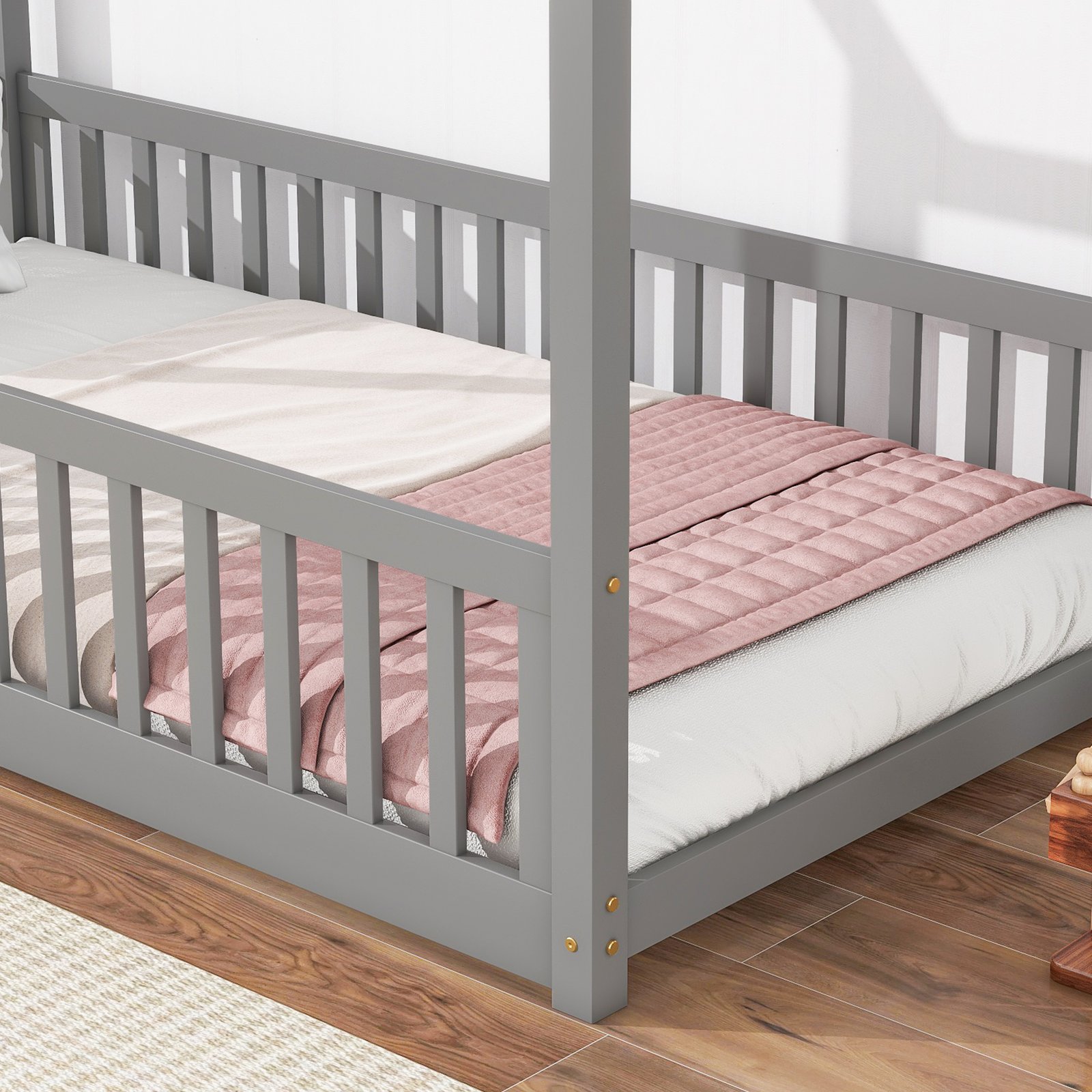 Twin House Bed with Guardrails, Slats ,Grey photo review