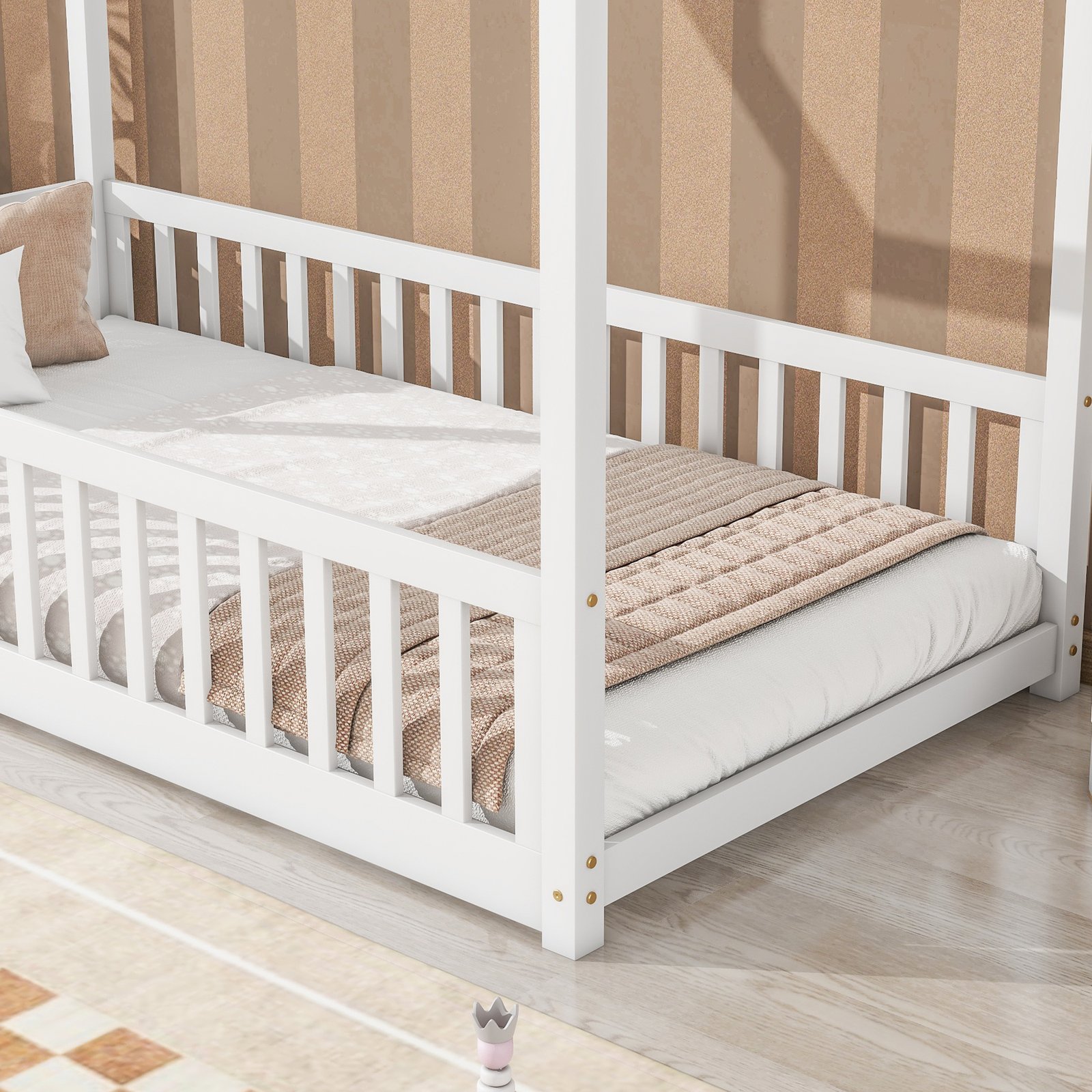 Twin House Bed with Guardrails, Slats ,White photo review