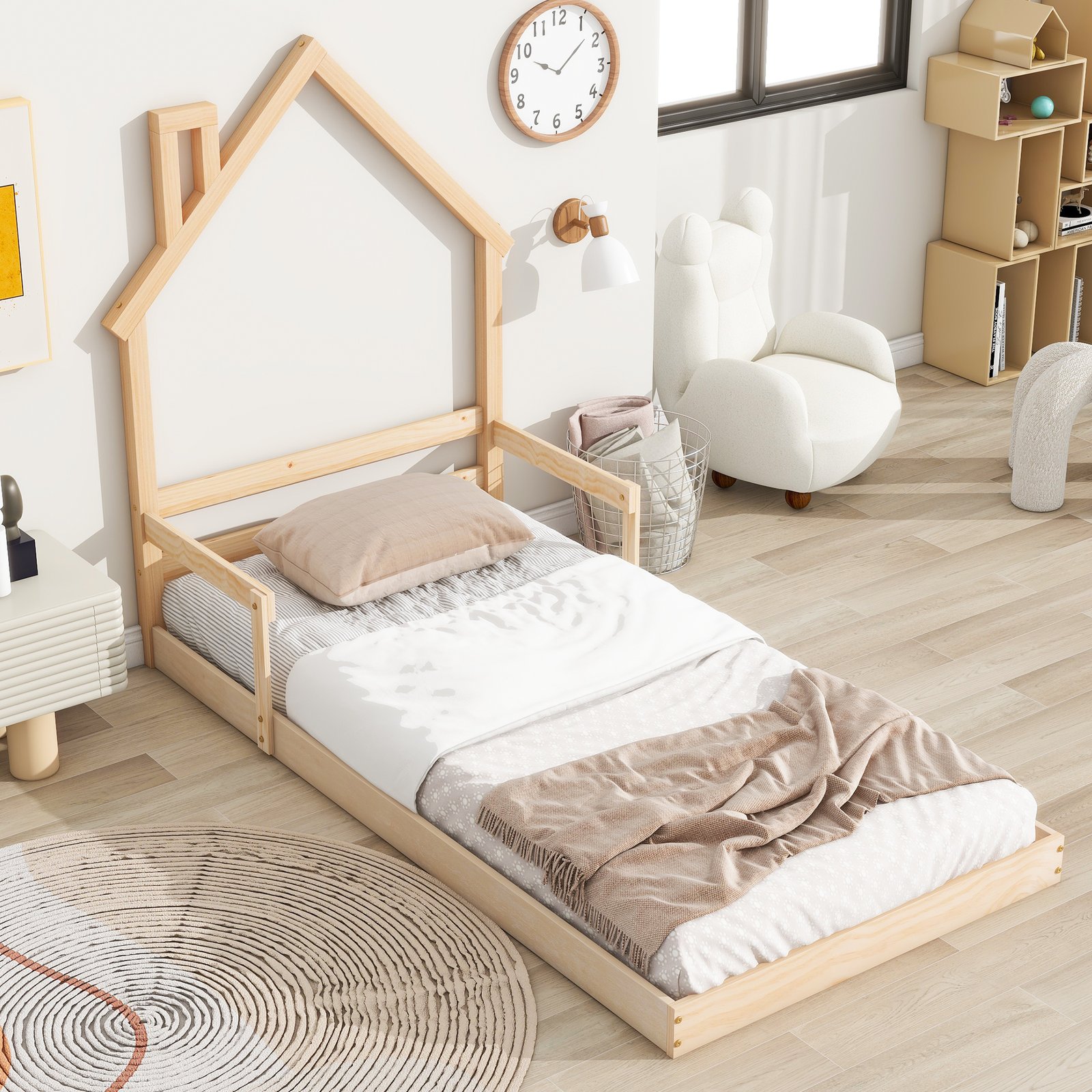 Twin House-Shaped Headboard Floor Bed with Handrails ,slats ,Natural photo review