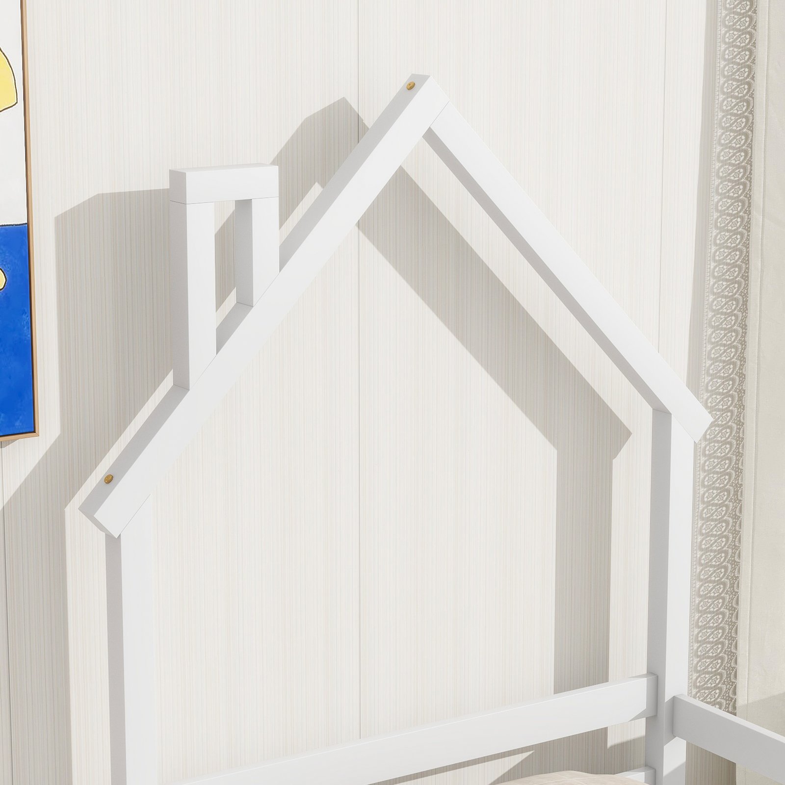 Twin House-Shaped Headboard Floor Bed with Handrails ,slats,White photo review