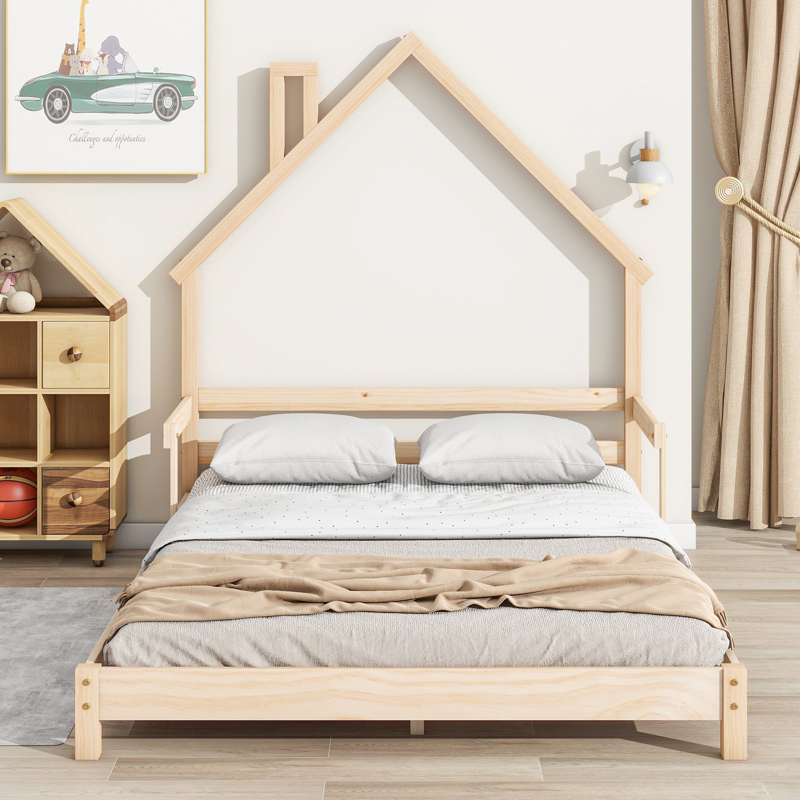 Full House-Shaped Headboard Bed with Handrails ,slats
,Natural photo review
