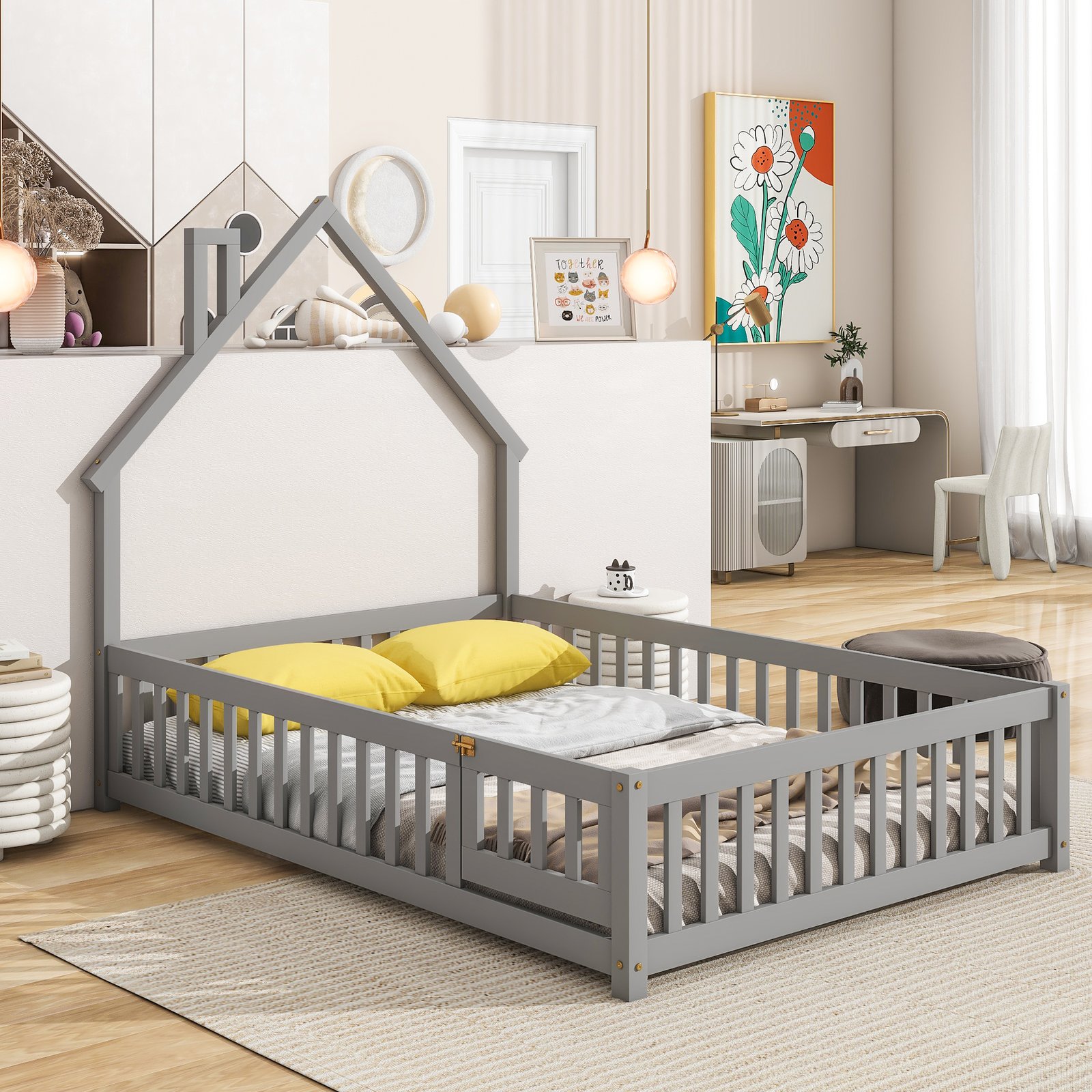 Full House-Shaped Headboard Floor Bed with Fence ,Grey photo review