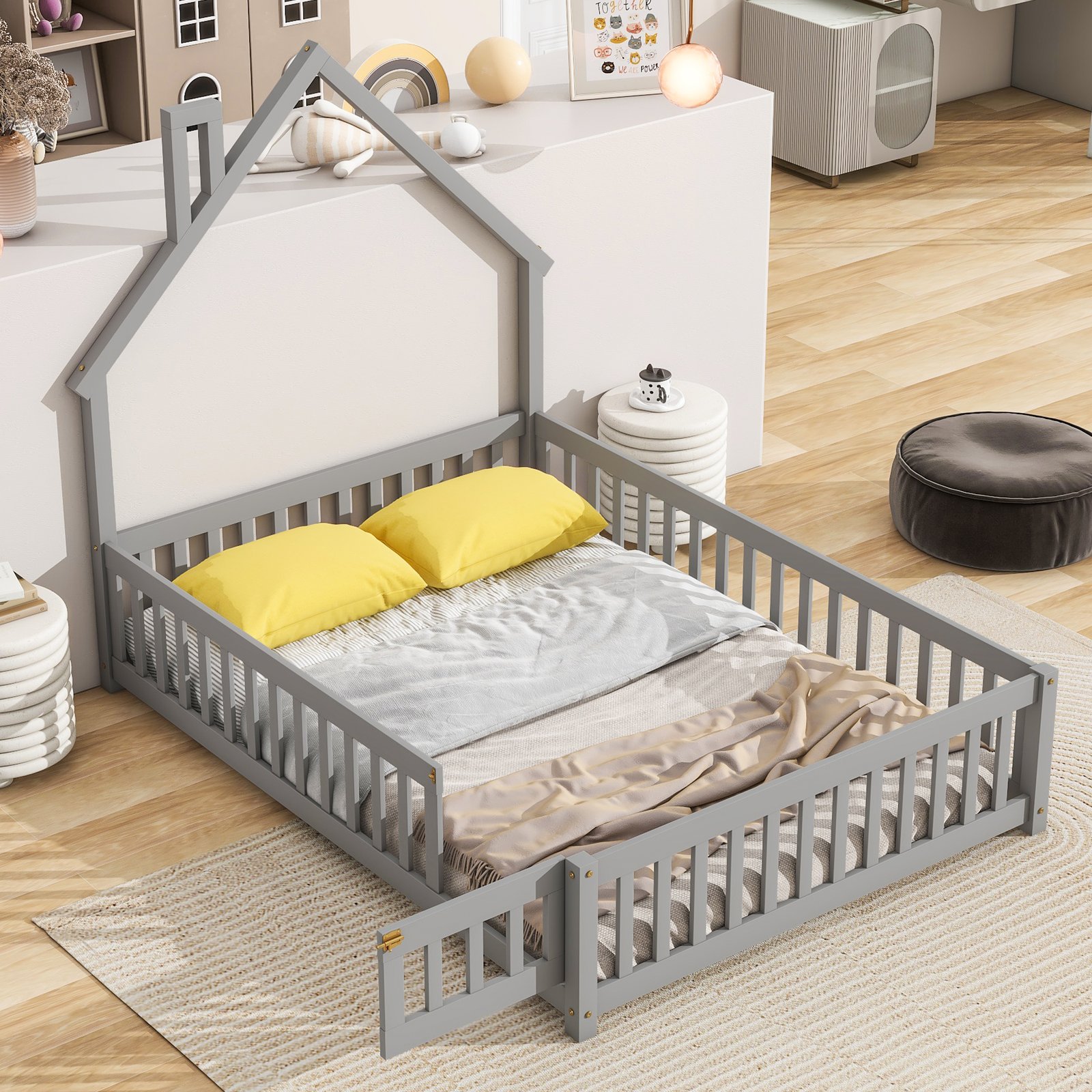 Full House-Shaped Headboard Floor Bed with Fence ,Grey photo review