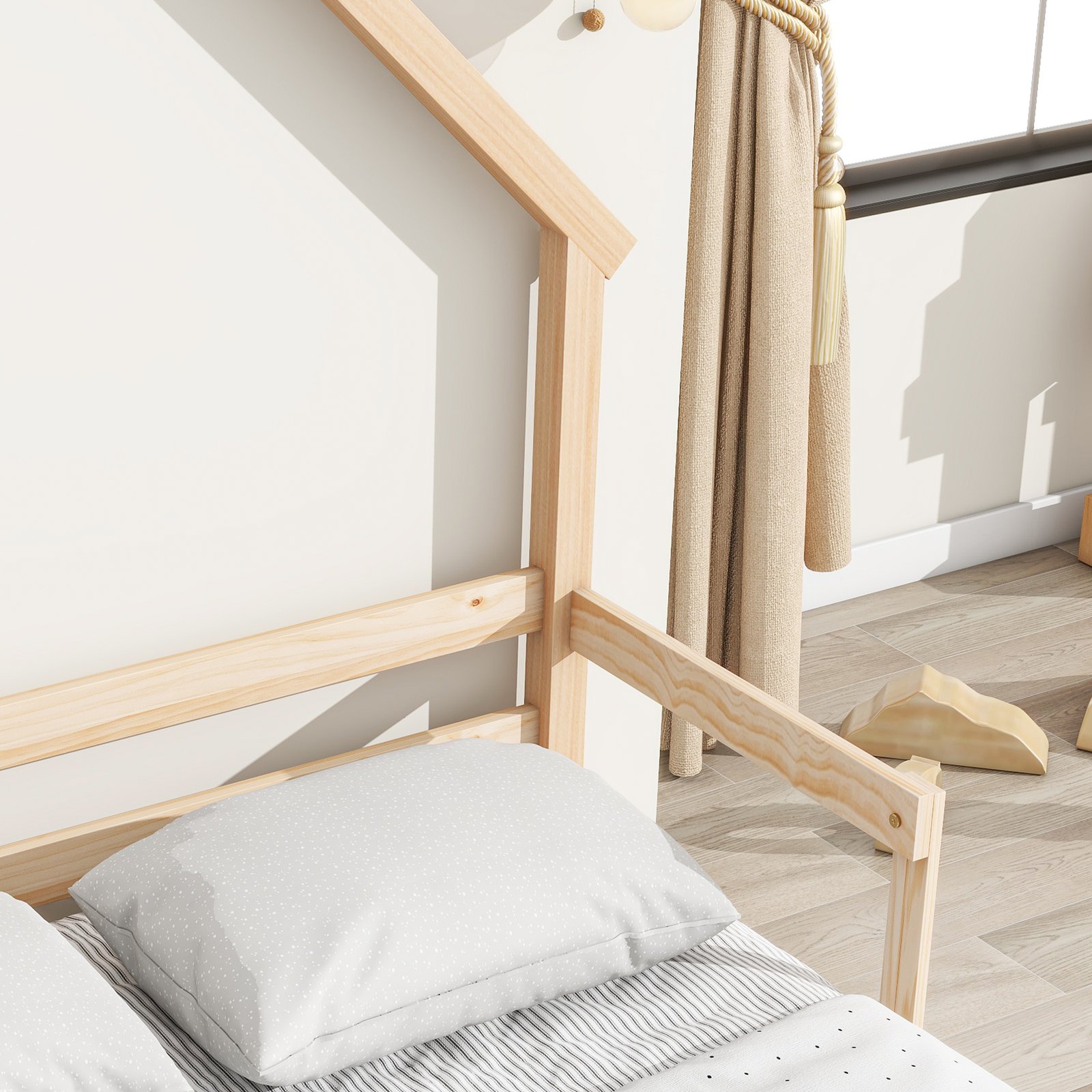 Full House-Shaped Headboard Bed with Handrails ,slats
,Natural photo review