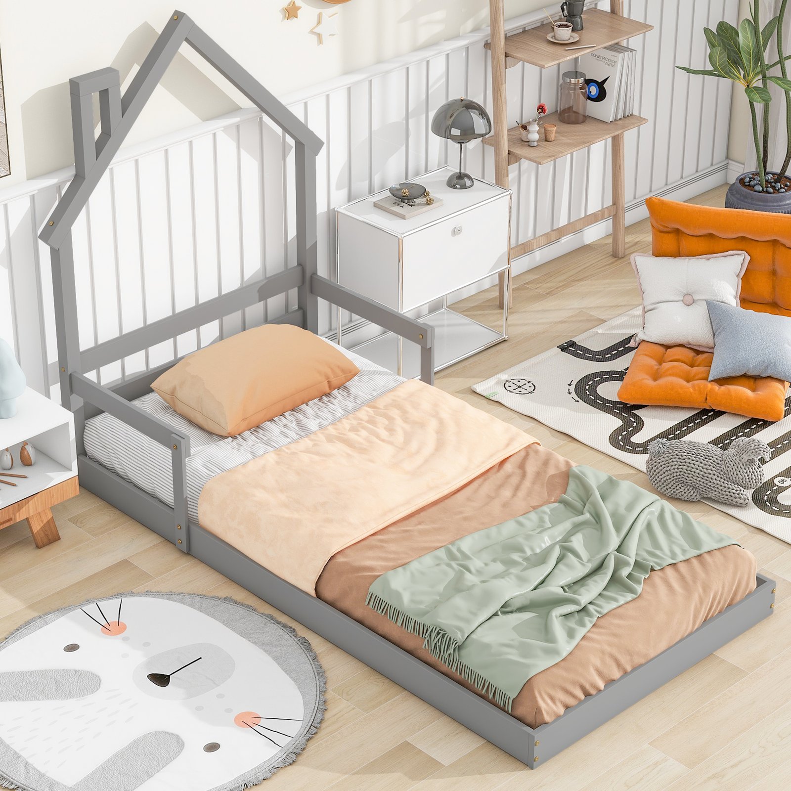 Twin House-Shaped Headboard Floor Bed with Handrails ,slats,Grey photo review