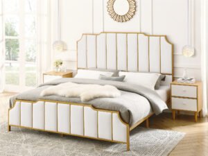 Queen Size Bed Frame,Upholstered Platform Bed & High headboard with Wood Slat Support,No Box Spring Needed,Easy Assembly, Velvet White