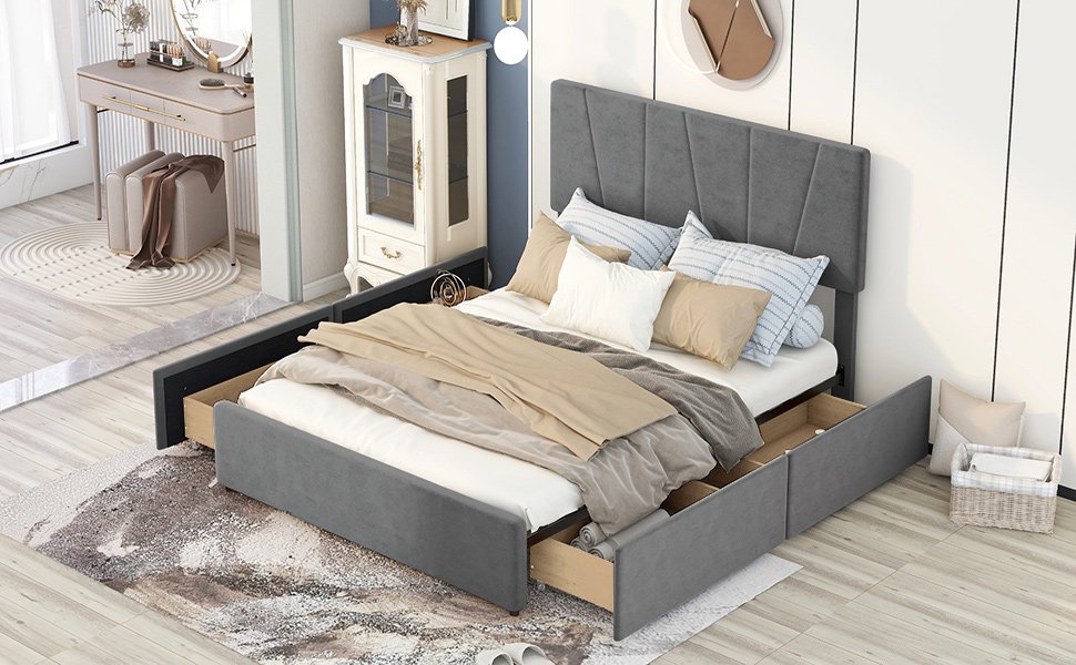 Queen Size Upholstery Platform Bed with Four Drawers on Two Sides, Adjustable Headboard, Grey(Old SKU: WF291774EAA) photo review