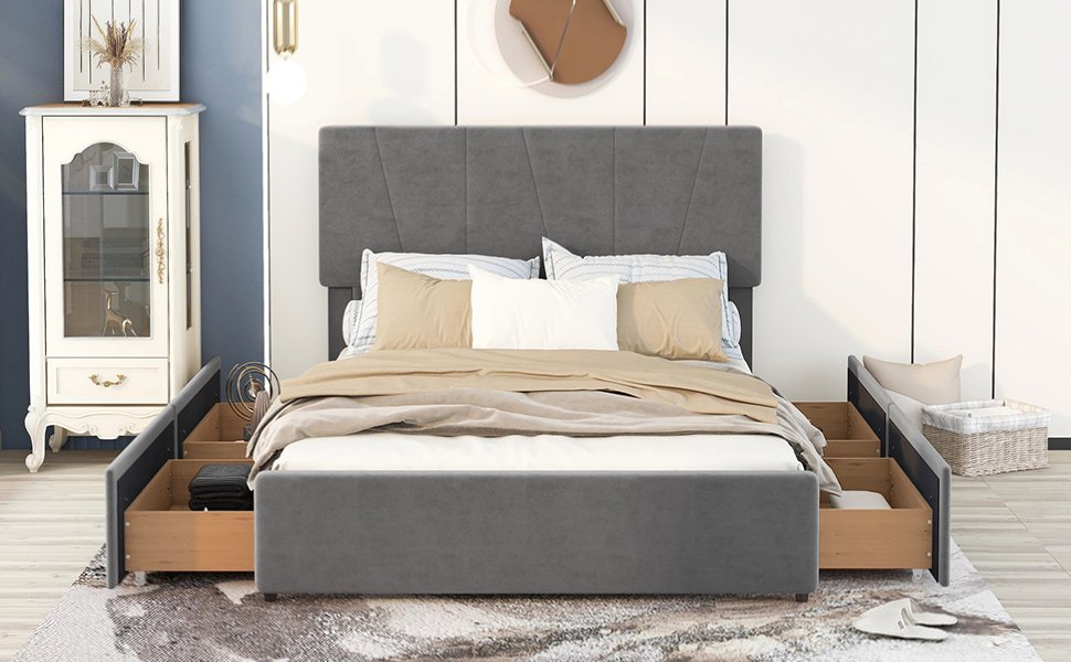 Queen Size Upholstery Platform Bed with Four Drawers on Two Sides, Adjustable Headboard, Grey(Old SKU: WF291774EAA) photo review